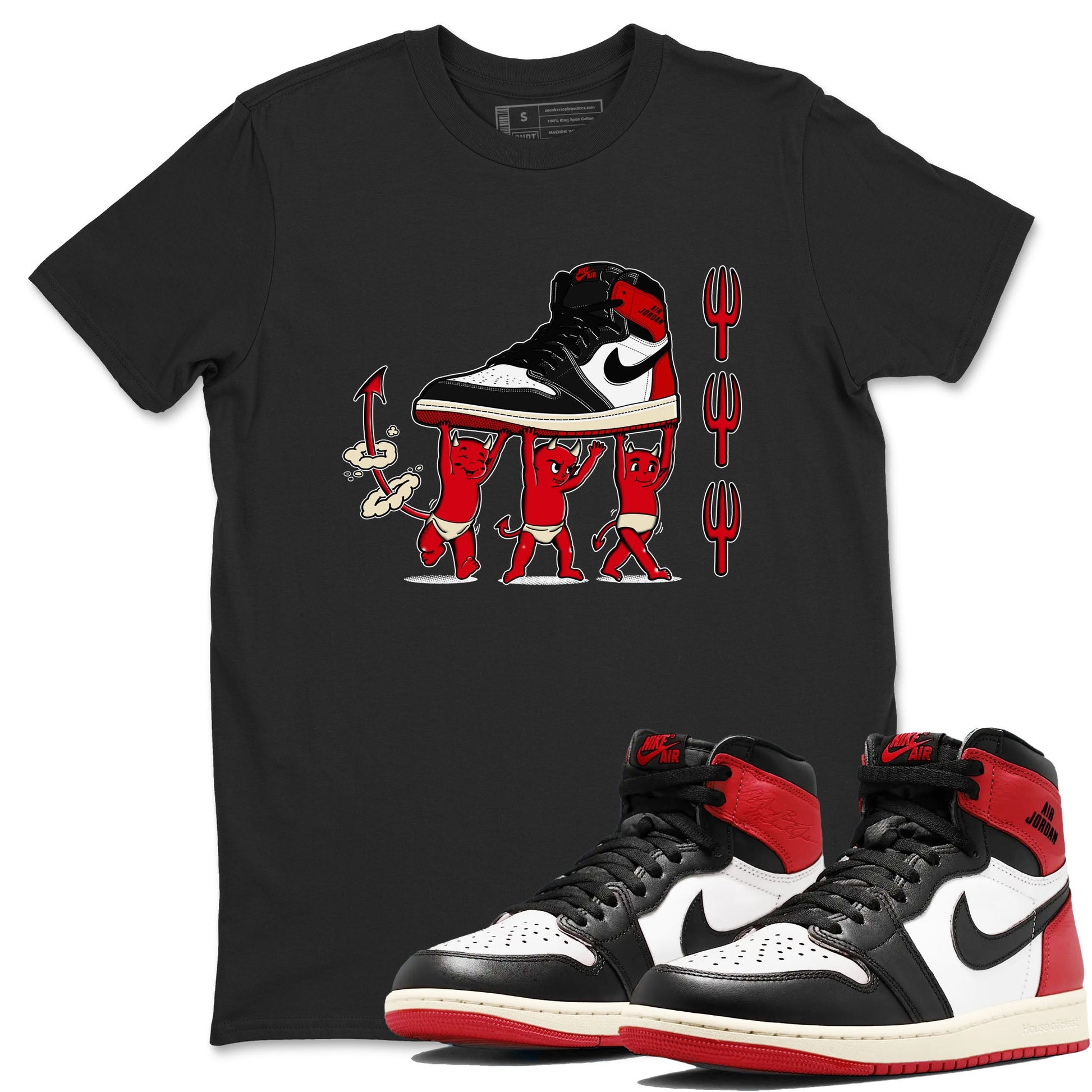 1s Black Toe Reimagined shirts to match jordans Devil Babies sneaker match tees Air Jordan 1 Black Toe Reimagined SNRT Sneaker Release Tees unisex cotton Black 1 crew neck shirts