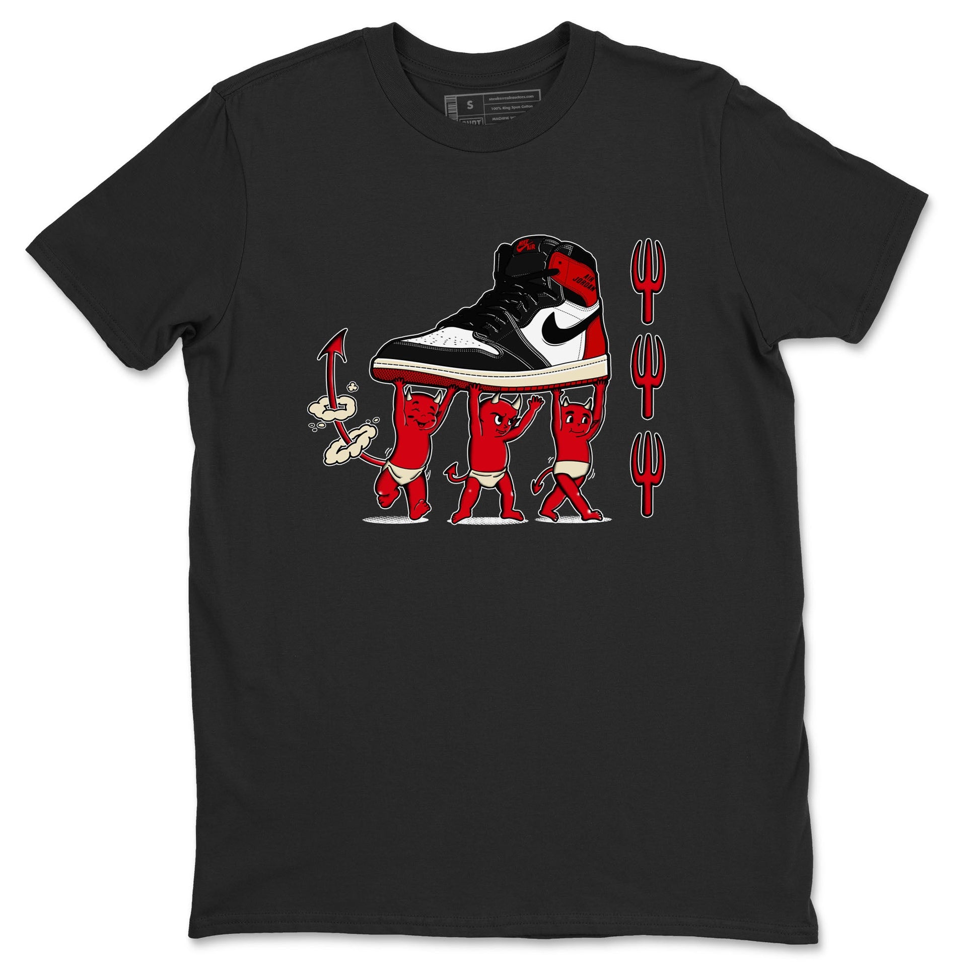 1s Black Toe Reimagined shirts to match jordans Devil Babies sneaker match tees Air Jordan 1 Black Toe Reimagined SNRT Sneaker Release Tees unisex cotton Black 2 crew neck shirts