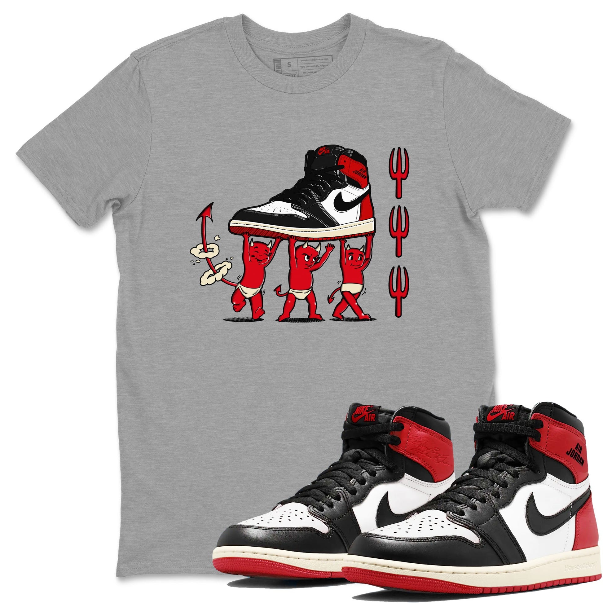 1s Black Toe Reimagined shirts to match jordans Devil Babies sneaker match tees Air Jordan 1 Black Toe Reimagined SNRT Sneaker Release Tees unisex cotton Heather Grey 1 crew neck shirts