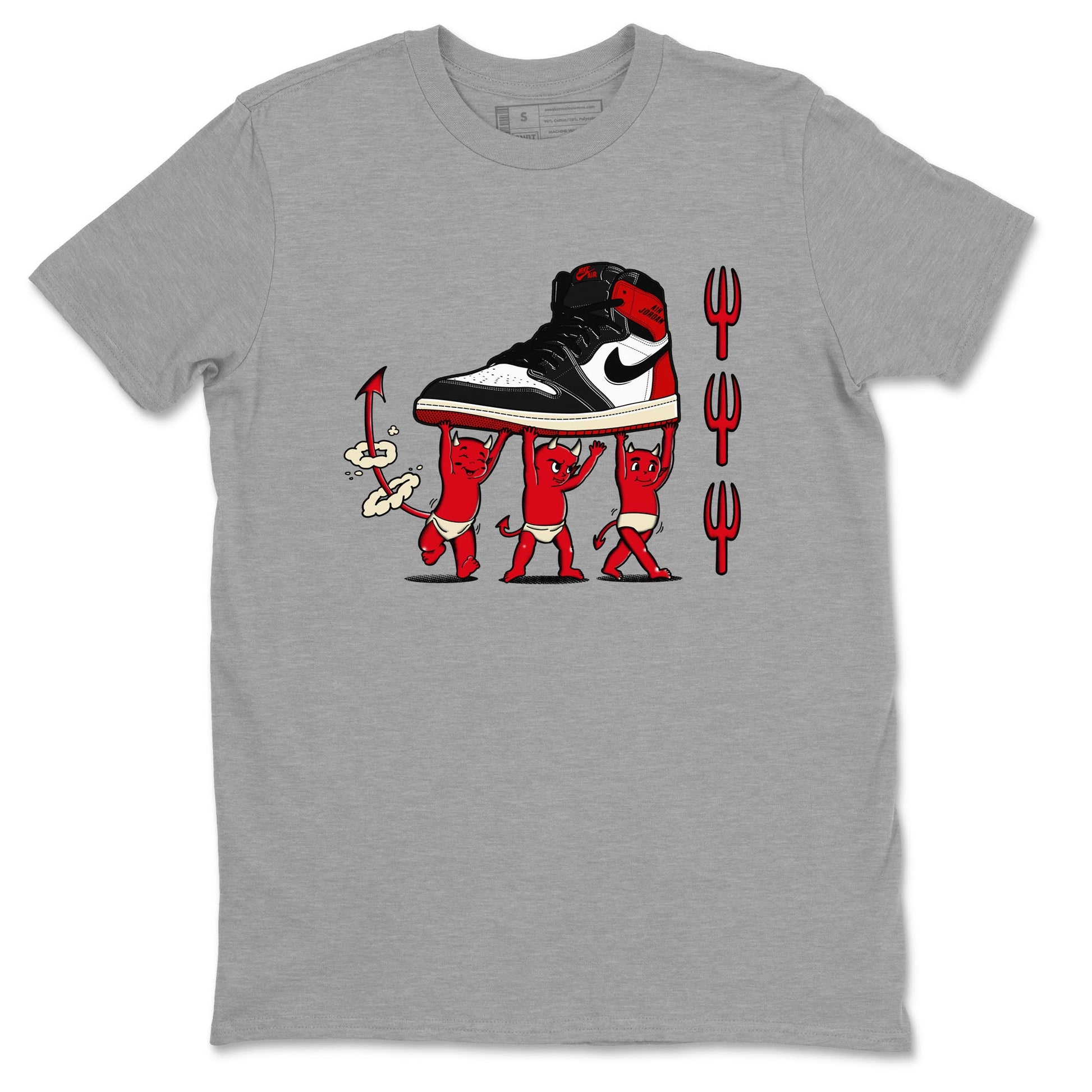 1s Black Toe Reimagined shirts to match jordans Devil Babies sneaker match tees Air Jordan 1 Black Toe Reimagined SNRT Sneaker Release Tees unisex cotton Heather Grey 2 crew neck shirts