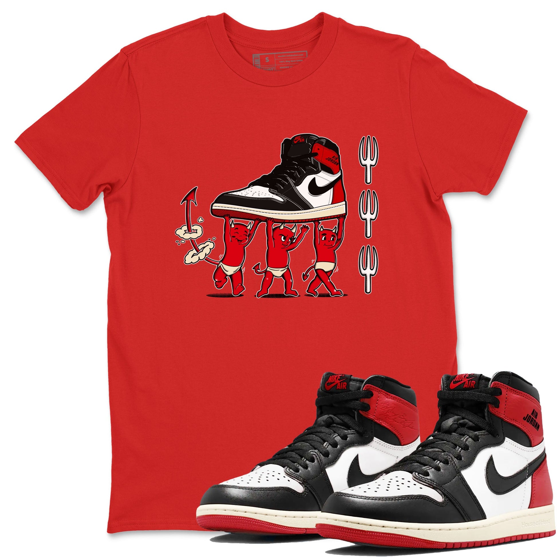 1s Black Toe Reimagined shirts to match jordans Devil Babies sneaker match tees Air Jordan 1 Black Toe Reimagined SNRT Sneaker Release Tees unisex cotton Red 1 crew neck shirts