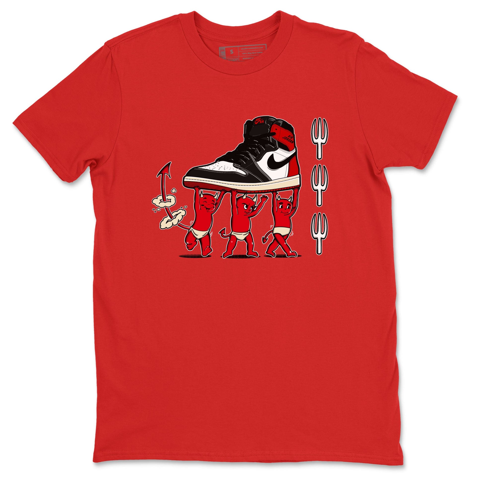 1s Black Toe Reimagined shirts to match jordans Devil Babies sneaker match tees Air Jordan 1 Black Toe Reimagined SNRT Sneaker Release Tees unisex cotton Red 2 crew neck shirts