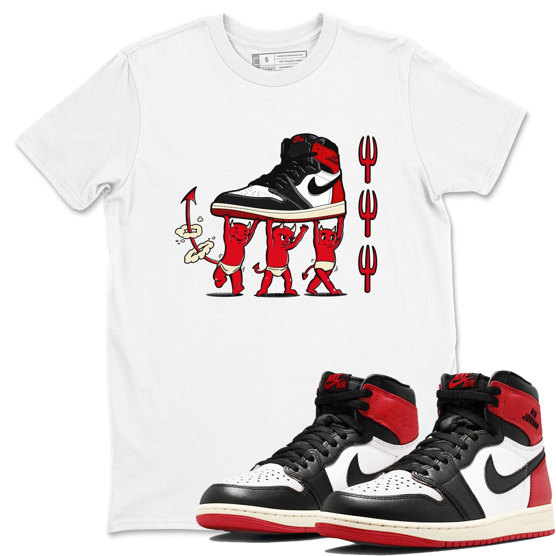 1s Black Toe Reimagined shirts to match jordans Devil Babies sneaker match tees Air Jordan 1 Black Toe Reimagined SNRT Sneaker Release Tees unisex cotton White 1 crew neck shirts