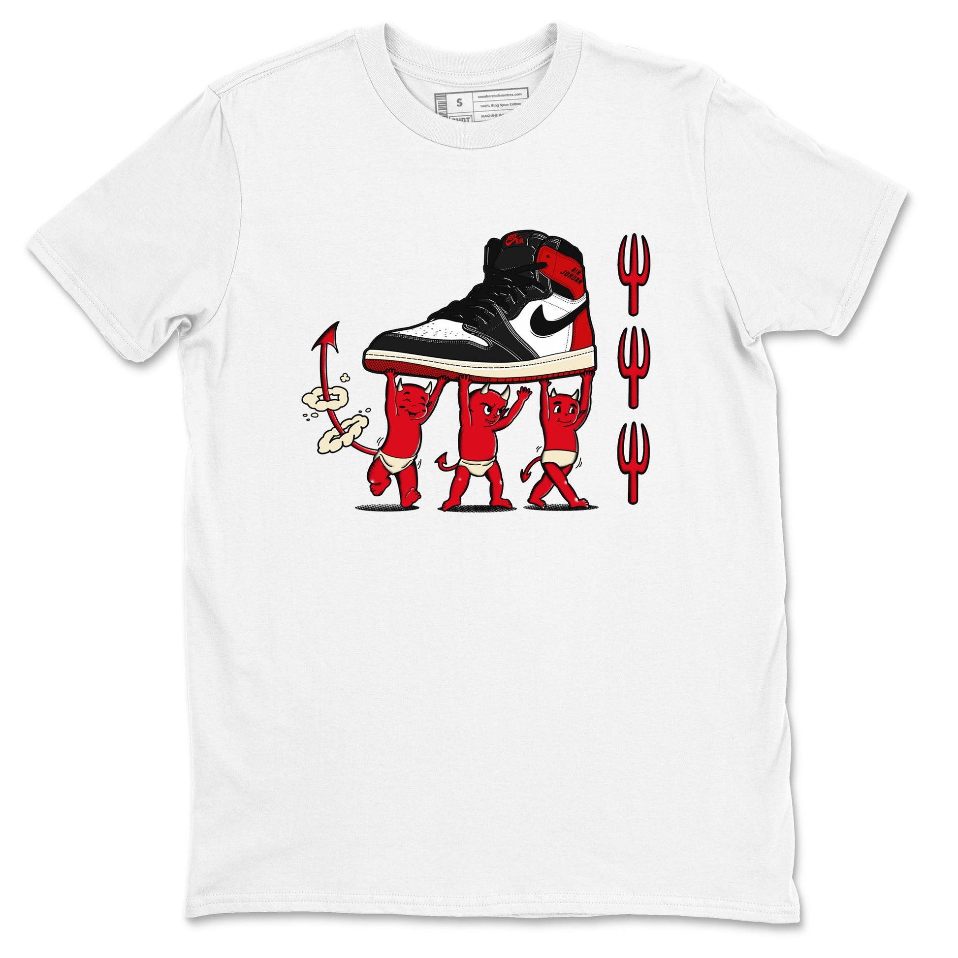 1s Black Toe Reimagined shirts to match jordans Devil Babies sneaker match tees Air Jordan 1 Black Toe Reimagined SNRT Sneaker Release Tees unisex cotton White 2 crew neck shirts