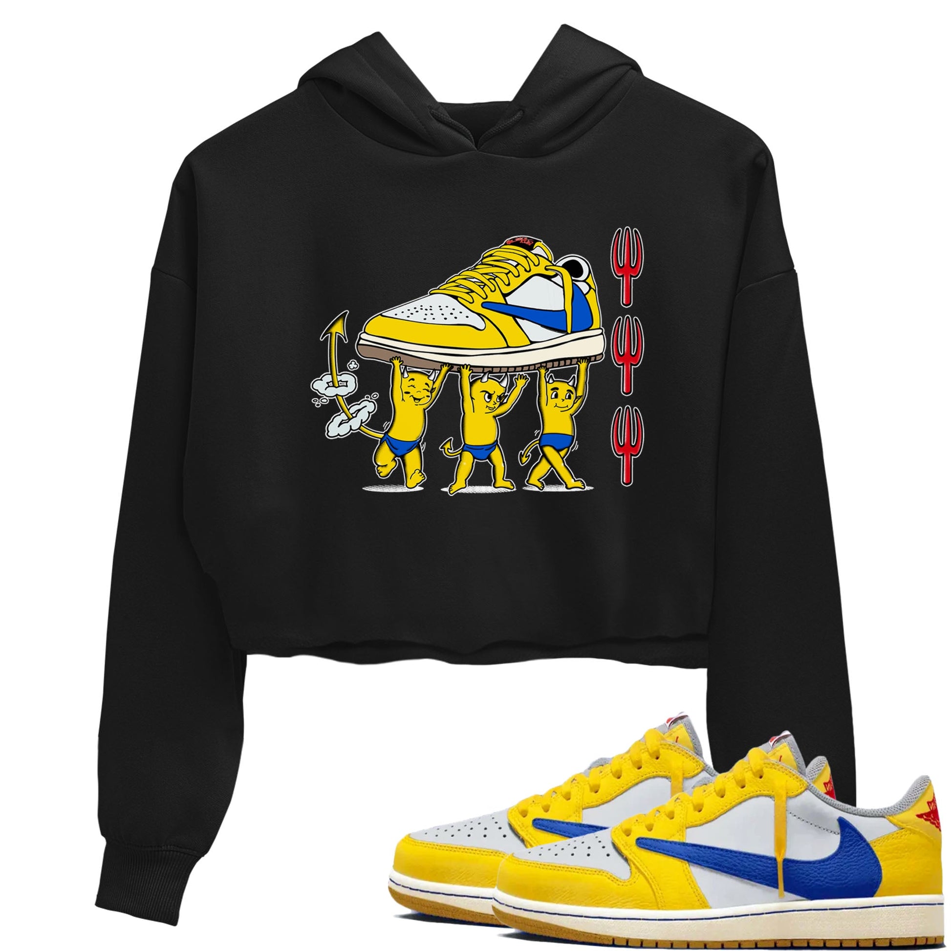 1s Travis Scott Canary shirts to match jordans Devil Babies sneaker match tees Air Jordan 1 Travis Scott Canary SNRT Sneaker Release Tees unisex cotton Black 1 Crop Shirts