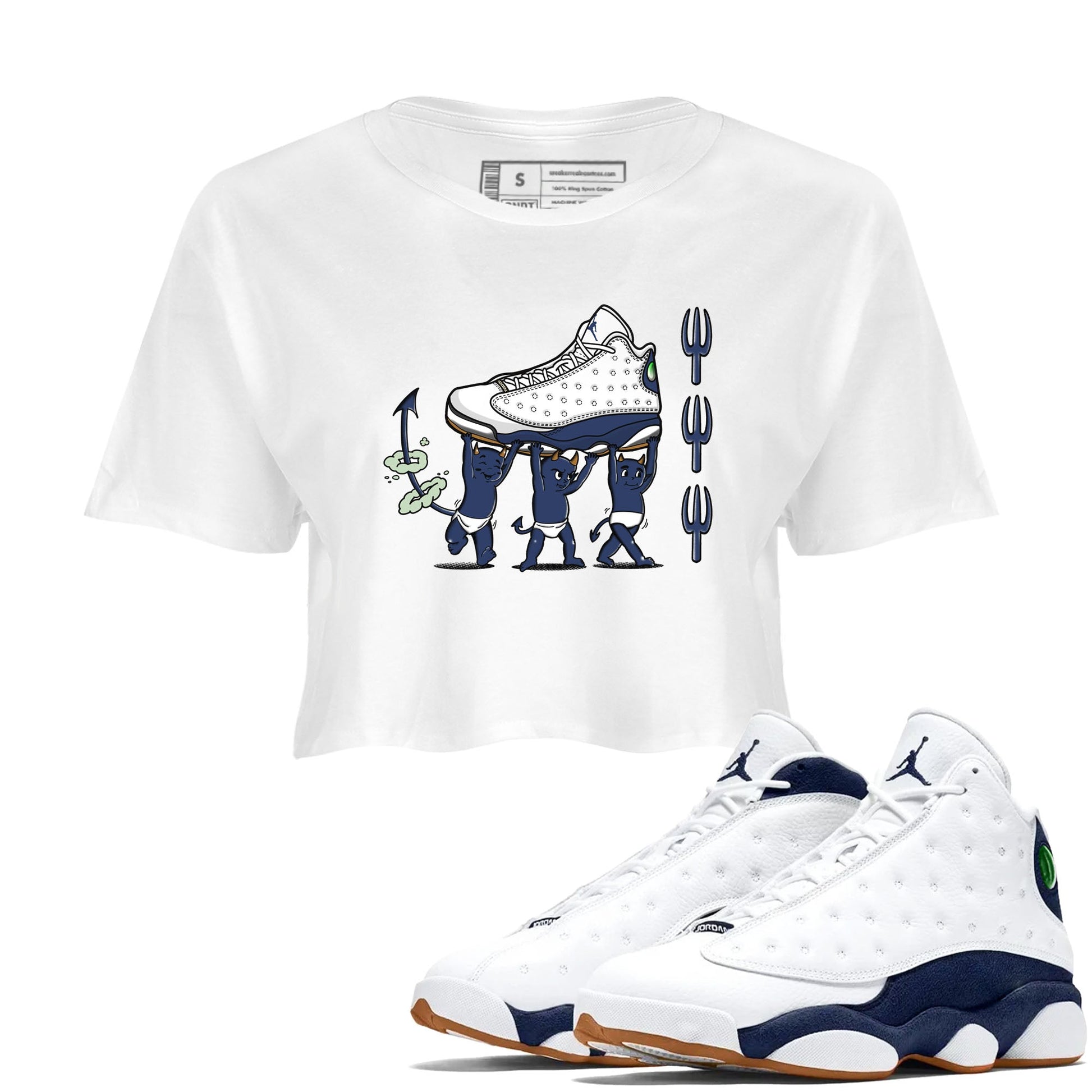 13s Midnight Navy shirts to match jordans Devil Babies sneaker match tees Air Jordan 13 Midnight Navy SNRT Sneaker Release Tees unisex cotton White 1 Crop Shirts