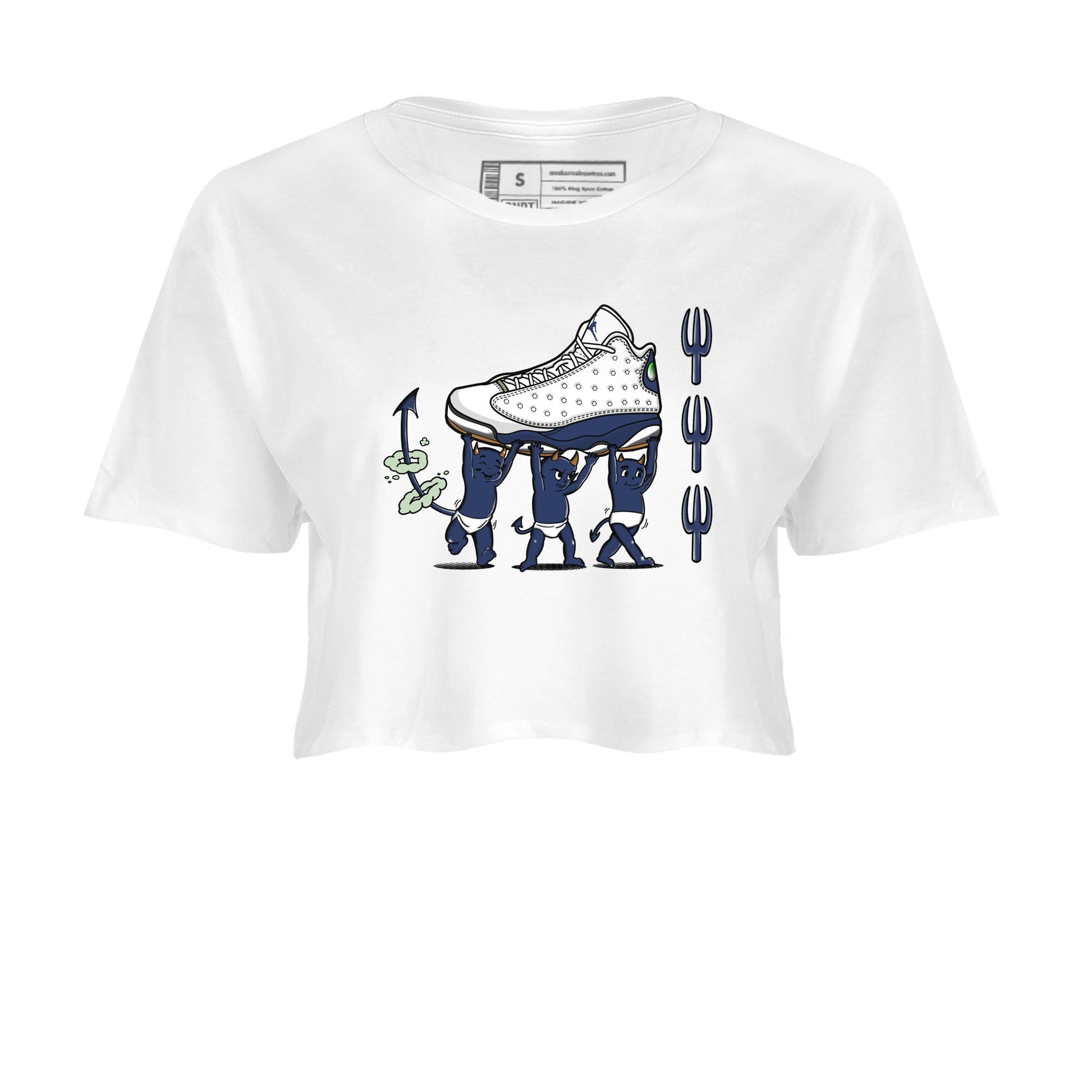 13s Midnight Navy shirts to match jordans Devil Babies sneaker match tees Air Jordan 13 Midnight Navy SNRT Sneaker Release Tees unisex cotton White 2 Crop Shirts