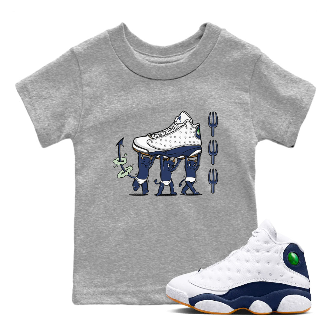 13s Midnight Navy shirts to match jordans Devil Babies sneaker match tees Air Jordan 13 Midnight Navy SNRT Sneaker Release Tees Youth Baby Heather Grey 1 crew neck shirts
