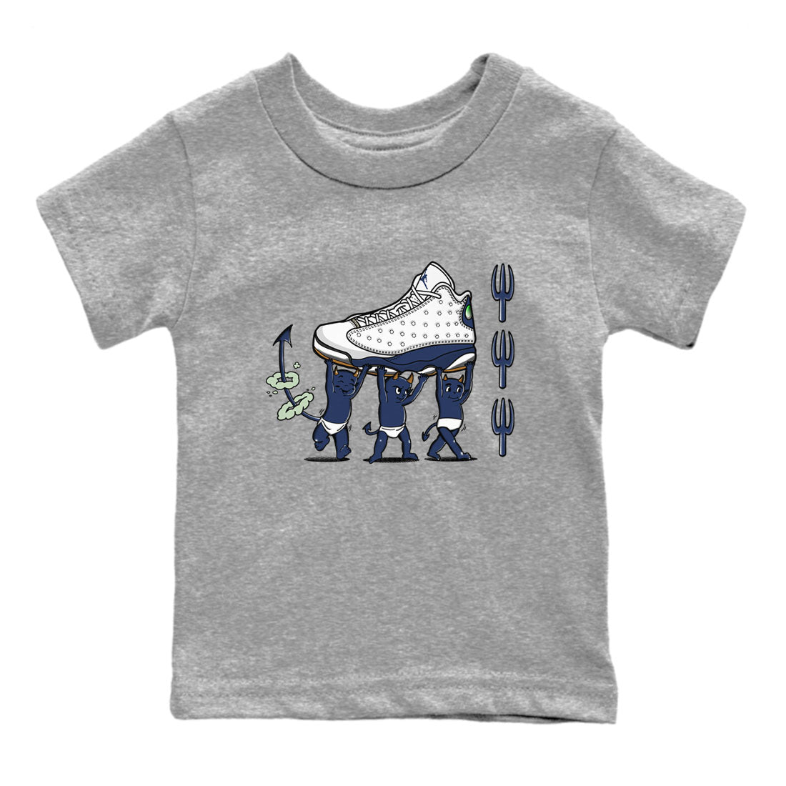 13s Midnight Navy shirts to match jordans Devil Babies sneaker match tees Air Jordan 13 Midnight Navy SNRT Sneaker Release Tees Youth Baby Heather Grey 2 crew neck shirts