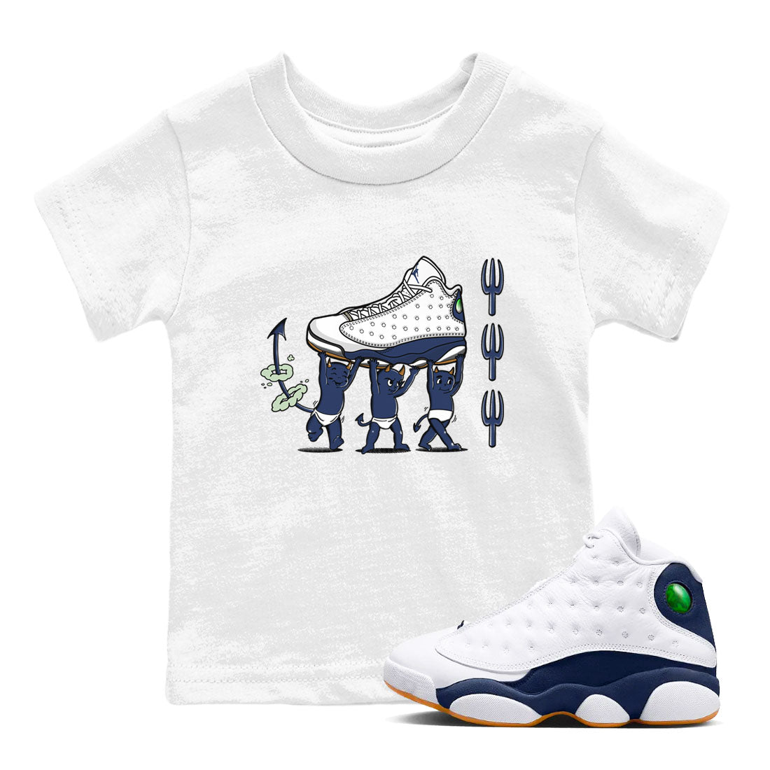 13s Midnight Navy shirts to match jordans Devil Babies sneaker match tees Air Jordan 13 Midnight Navy SNRT Sneaker Release Tees Youth Baby White 1 crew neck shirts