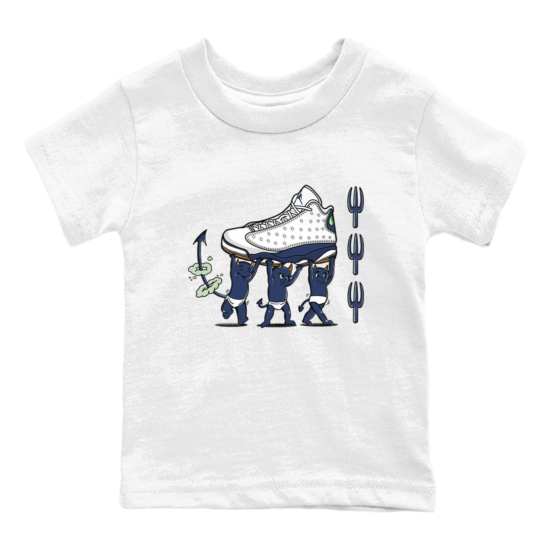 13s Midnight Navy shirts to match jordans Devil Babies sneaker match tees Air Jordan 13 Midnight Navy SNRT Sneaker Release Tees Youth Baby White 2 crew neck shirts