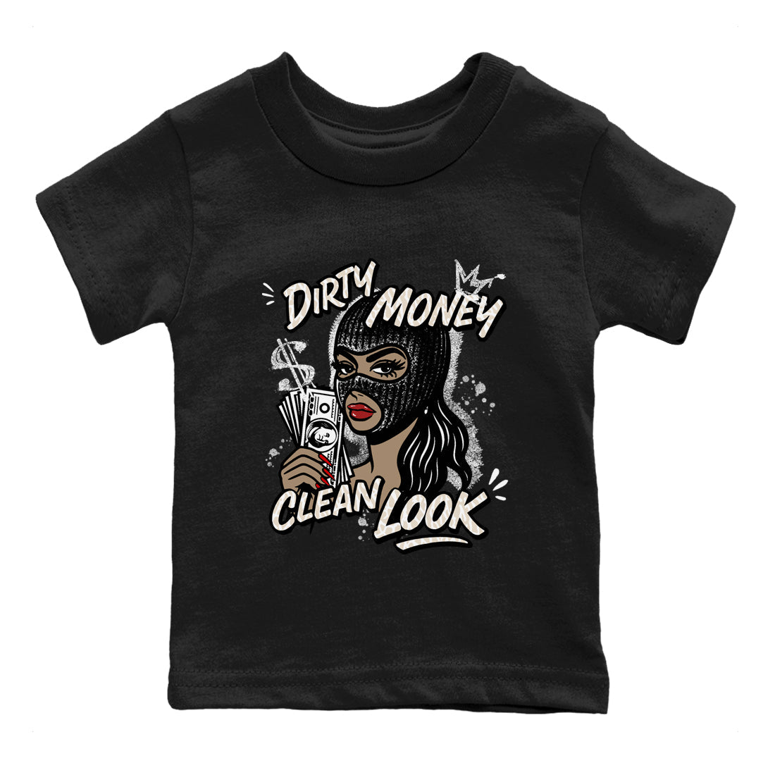 Dirty Money Clean Look baby and kids t-shirt crafted for little sneakerheads to shine with the Air Jordan 3 Pure Money sneakers, displayed in Black 2.