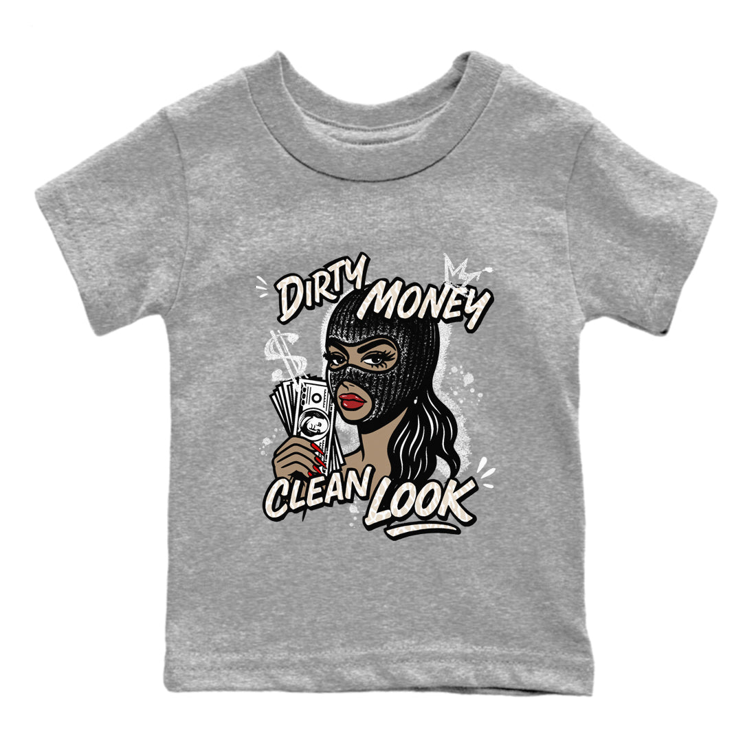 Dirty Money Clean Look baby and kids t-shirt crafted for little sneakerheads to shine with the Air Jordan 3 Pure Money sneakers, displayed in Heather Grey 2.