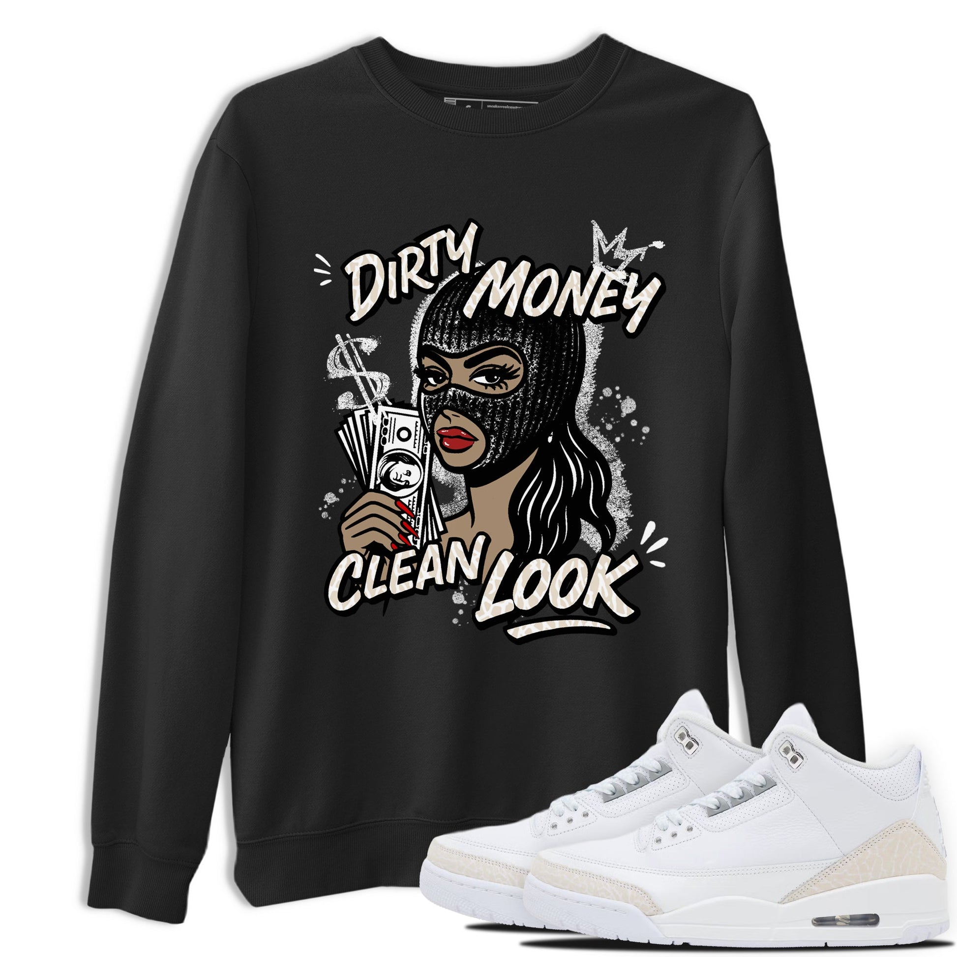 Dirty Money Clean Look sneaker match t-shirt styled to complete your fit with the Air Jordan 3 Pure Money sneakers, shown in Black 1.