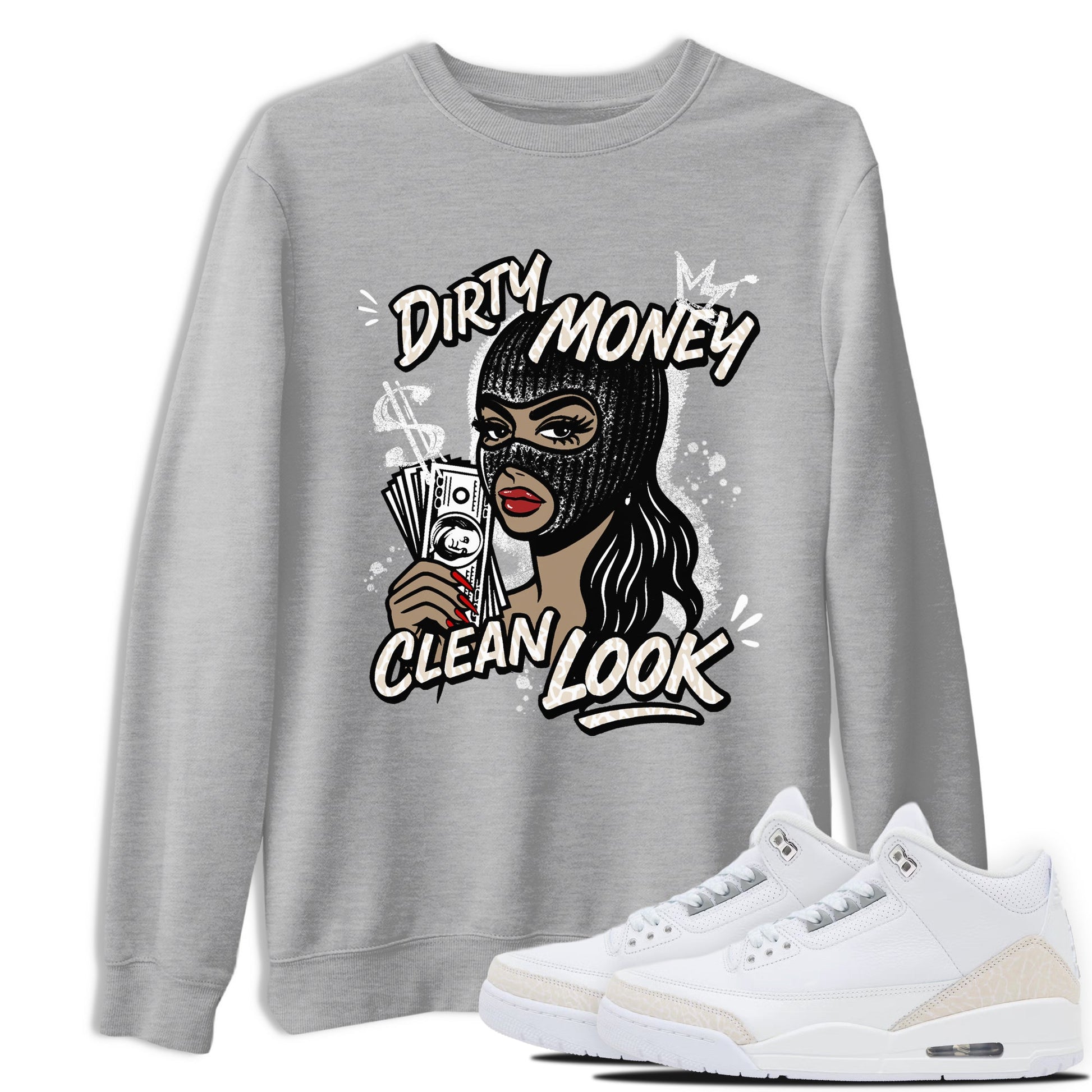 Dirty Money Clean Look sneaker match t-shirt styled to complete your fit with the Air Jordan 3 Pure Money sneakers, shown in Heather Grey 1.
