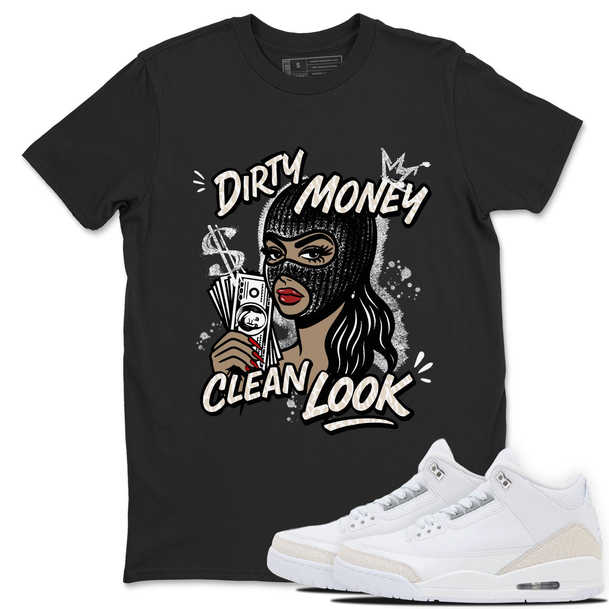 Dirty Money Clean Look sneaker match t-shirt styled to complete your fit with the Air Jordan 3 Pure Money sneakers, shown in Black 1.