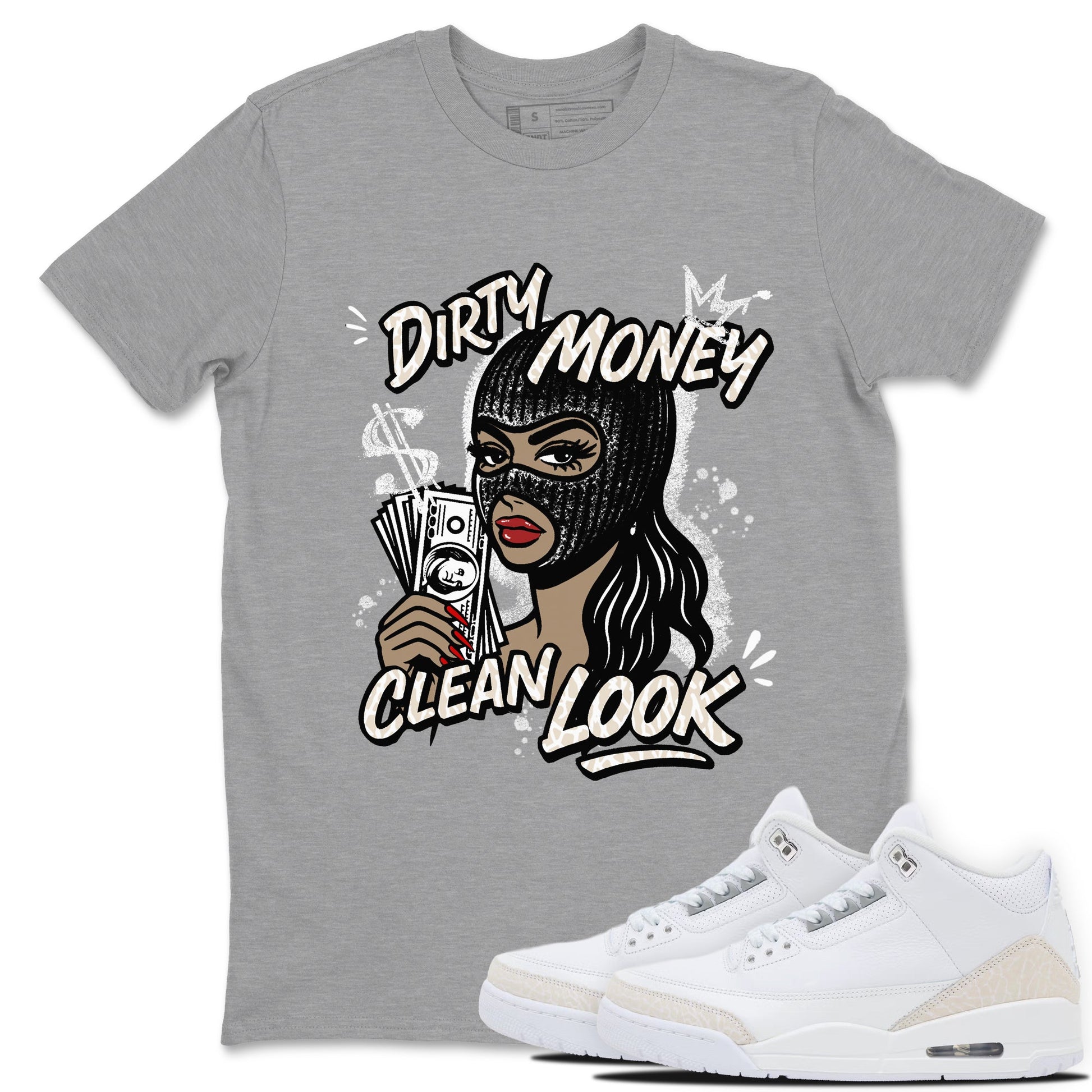 Dirty Money Clean Look sneaker match t-shirt styled to complete your fit with the Air Jordan 3 Pure Money sneakers, shown in Heather Grey 1.