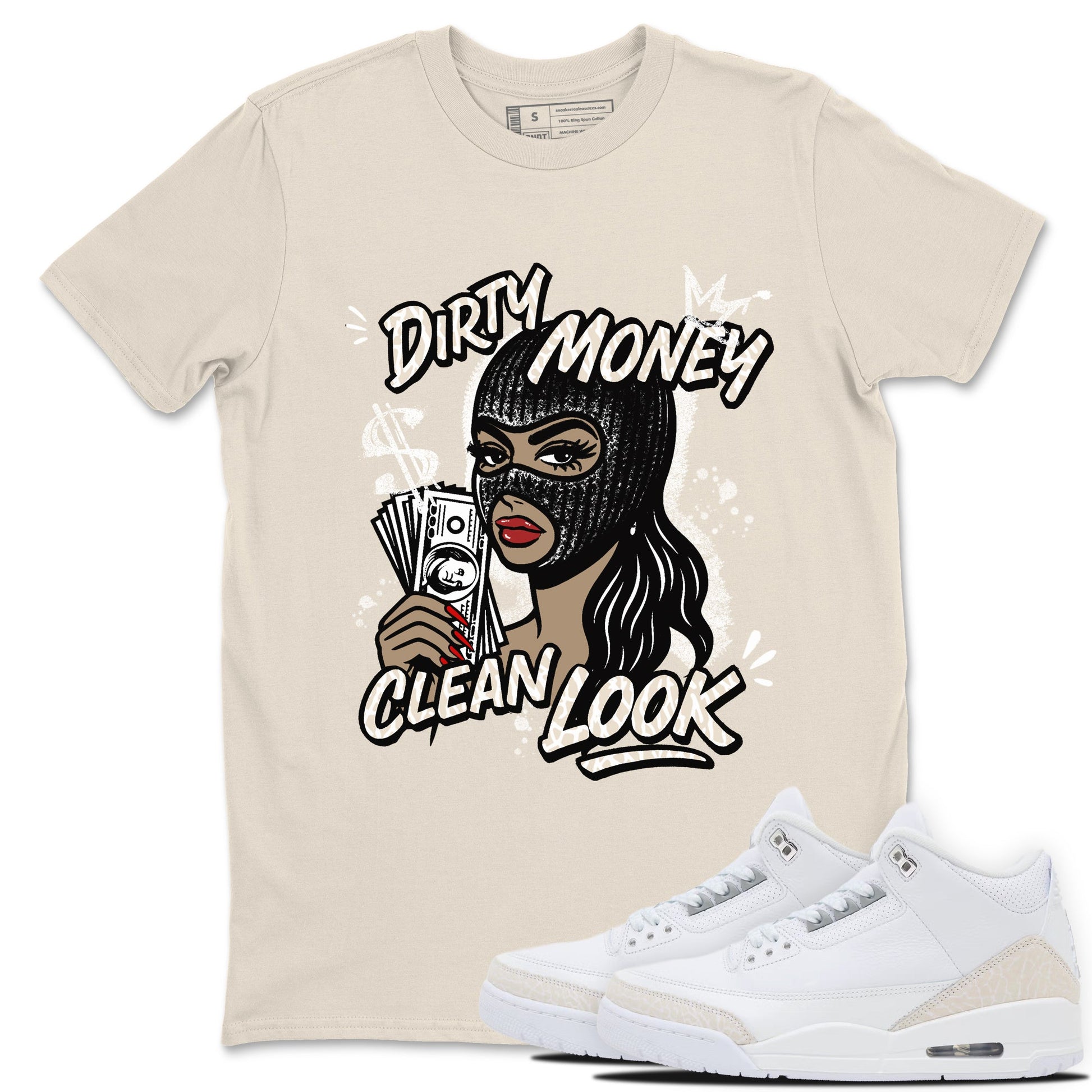 Dirty Money Clean Look sneaker match t-shirt styled to complete your fit with the Air Jordan 3 Pure Money sneakers, shown in Natural 1.