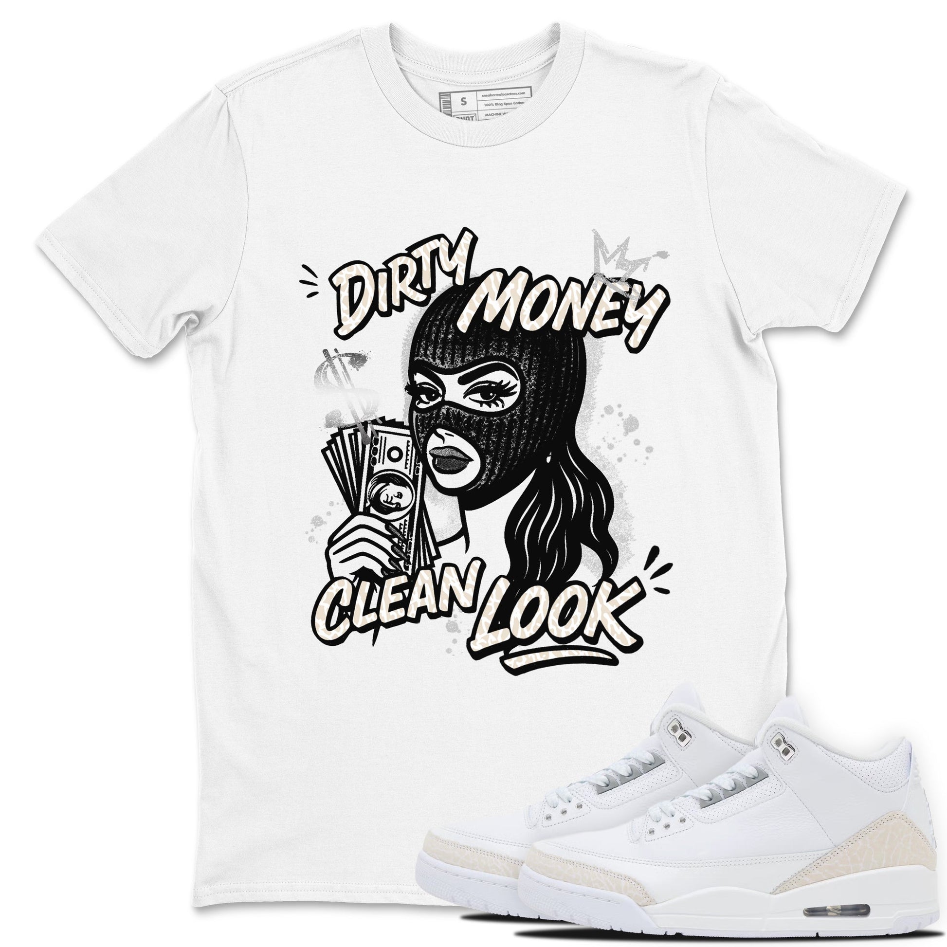 Dirty Money Clean Look sneaker match t-shirt styled to complete your fit with the Air Jordan 3 Pure Money sneakers, shown in White 1.
