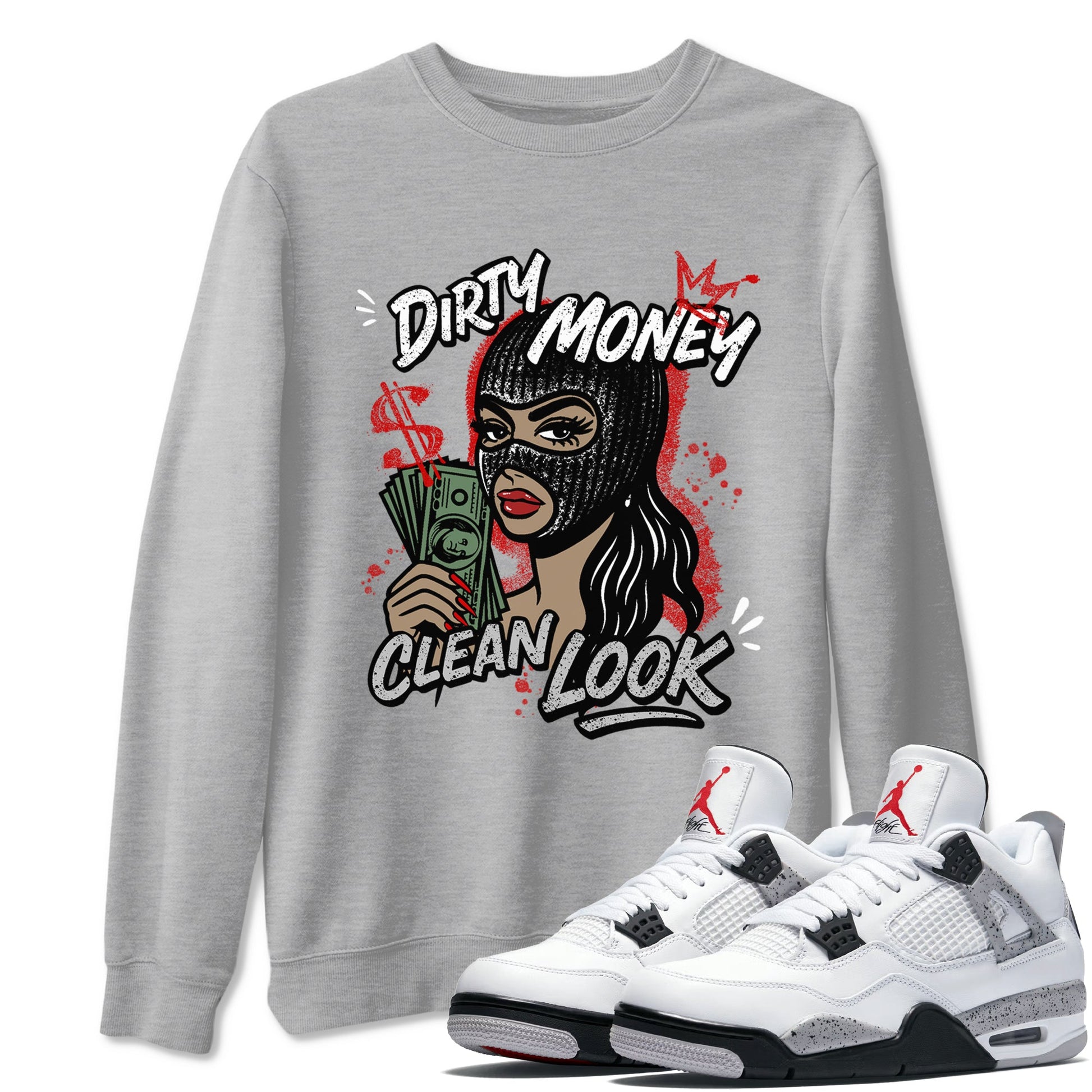 Dirty Money Clean Look sneaker match t-shirt styled to complete your fit with the Air Jordan 4 White Cement sneakers, shown in Heather Grey 1.