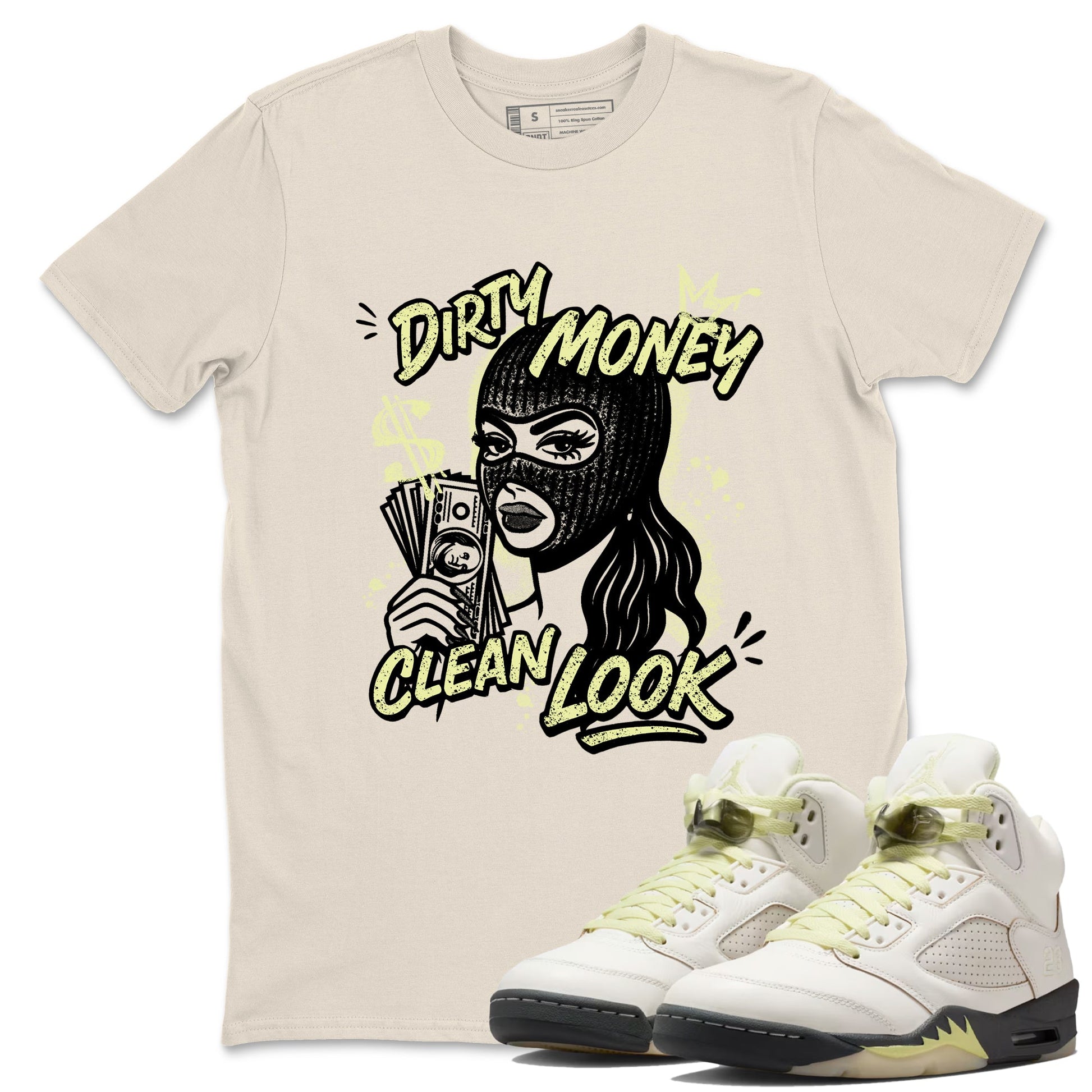 Sneaker match tees – Sneaker Tees To Match Air Jordan 5 Luminous Green Shoes – Dirty Money Clean Look Tee Natural 1