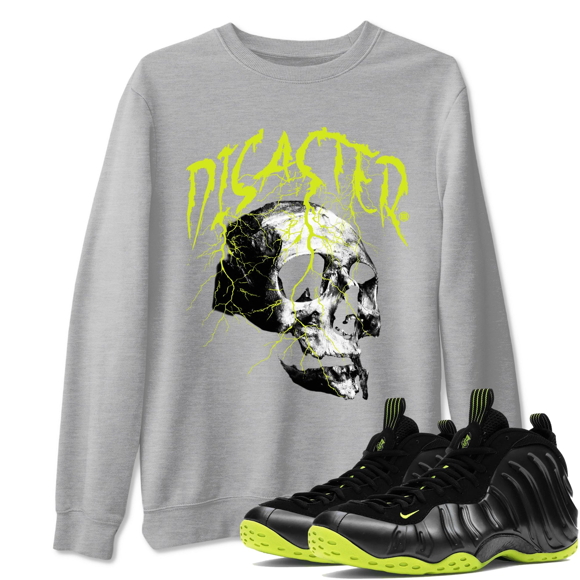 Foams One Black Volt shirts to match jordans Disaster Skull sneaker match tees Air Foamposite One Black and Volt match shoes to clothes SNRT Sneaker Tees unisex cotton Heather Grey 1 shirts
