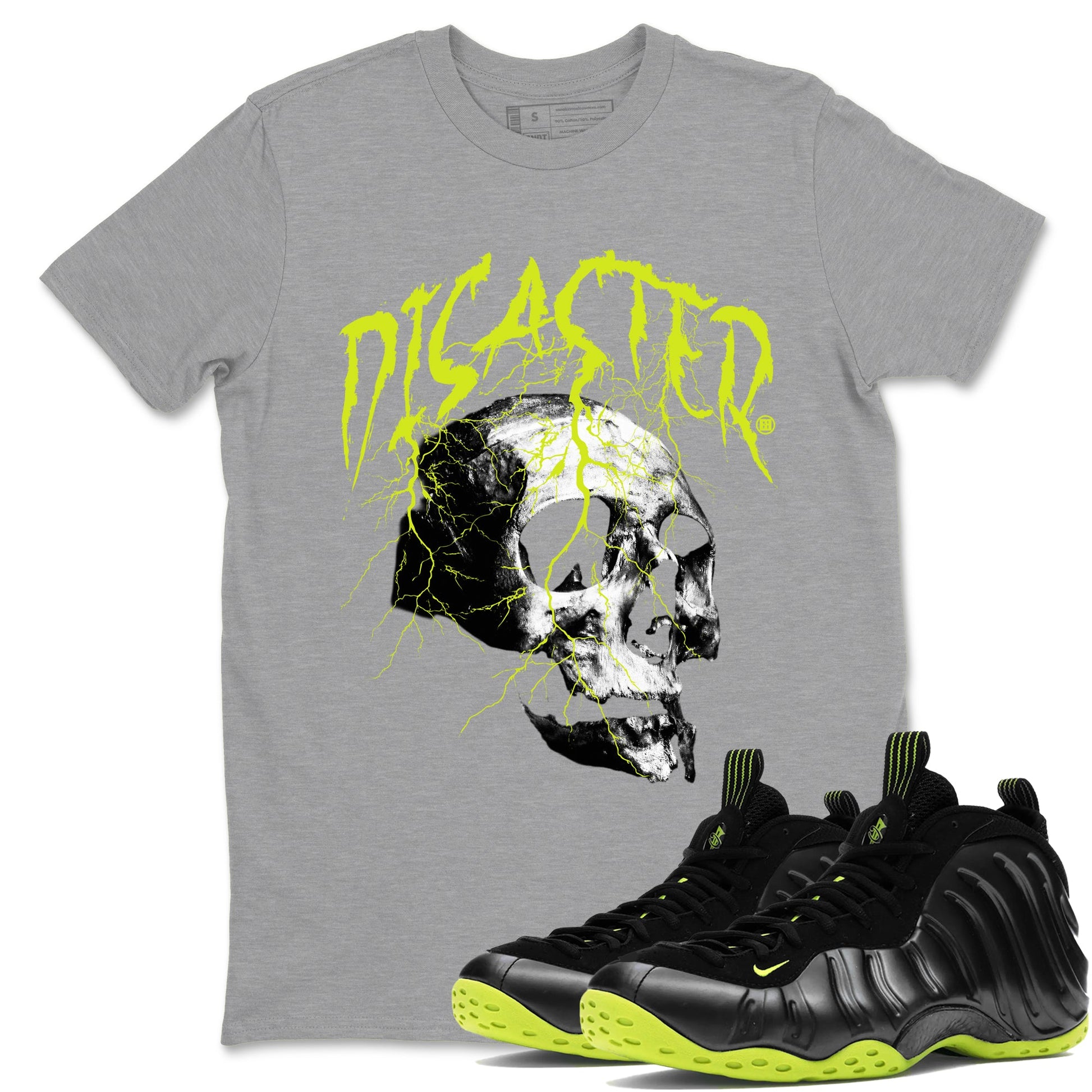 Foams One Black Volt shirts to match jordans Disaster Skull sneaker match tees Air Foamposite One Black and Volt match shoes to clothes SNRT Sneaker Tees unisex cotton Heather Grey 1 shirts