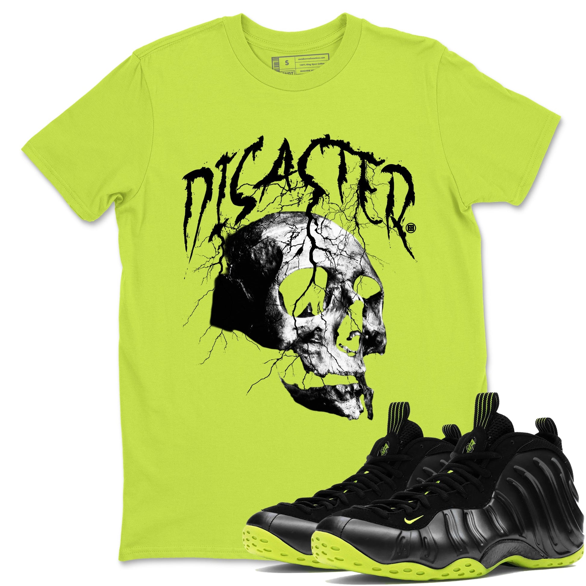Foams One Black Volt shirts to match jordans Disaster Skull sneaker match tees Air Foamposite One Black and Volt match shoes to clothes SNRT Sneaker Tees unisex cotton Safety Green 1 shirts