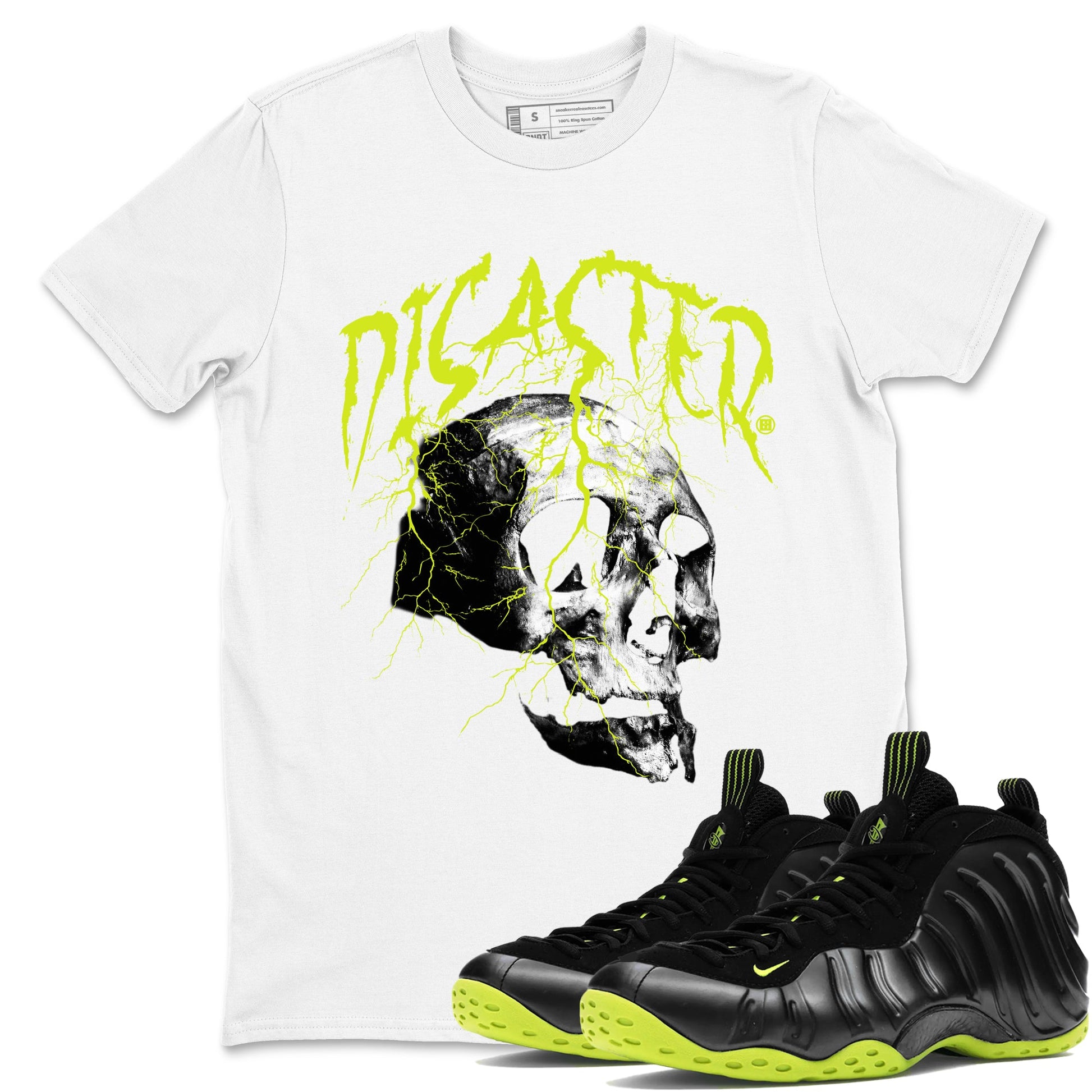 Foams One Black Volt shirts to match jordans Disaster Skull sneaker match tees Air Foamposite One Black and Volt match shoes to clothes SNRT Sneaker Tees unisex cotton White 1 shirts
