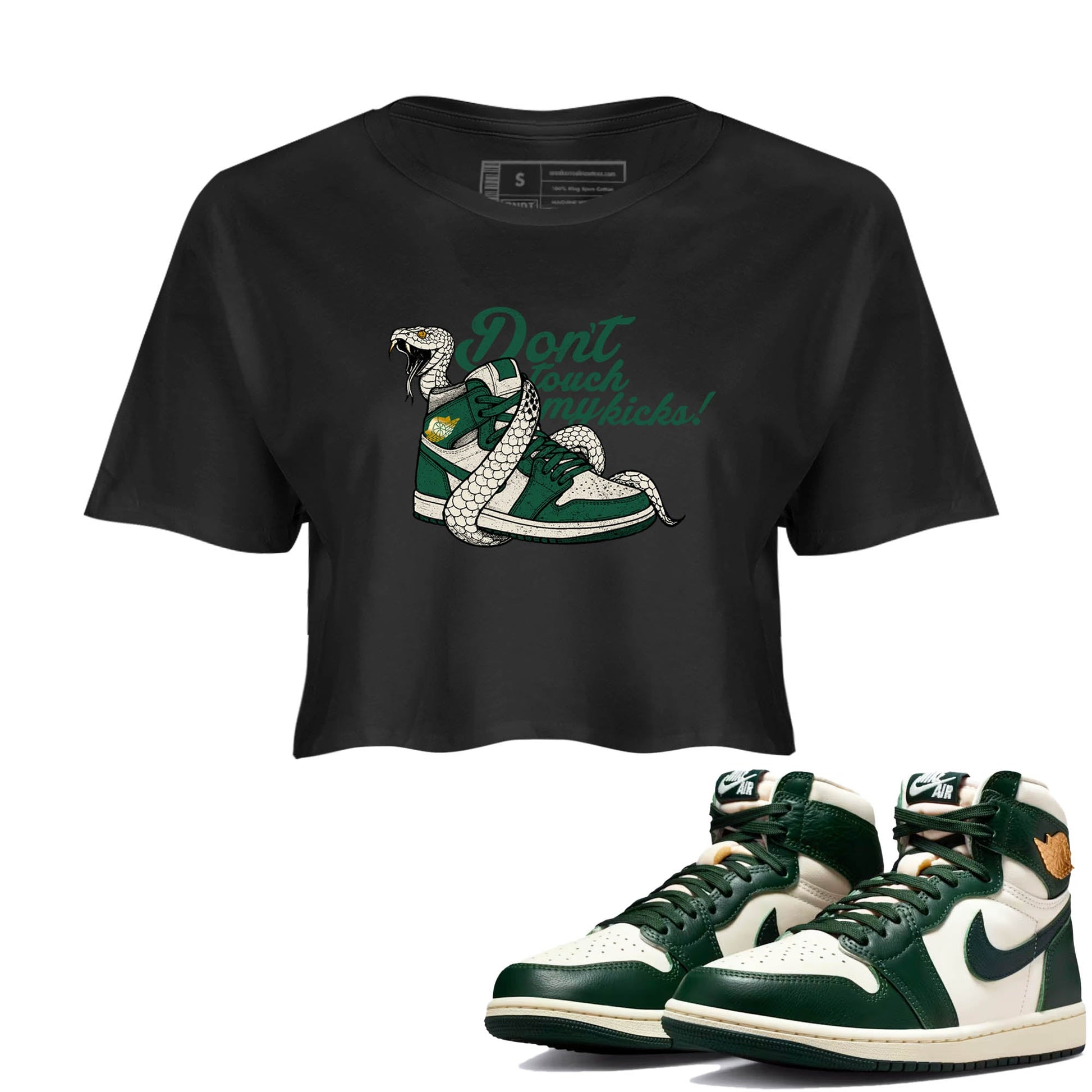 Sneaker Threads – Sneaker Tees To Match Air Jordan 1 Pro Green – Don't Touch My Kicks Crop Tee Black 1. Perfect for Jordan releases 2025 colorways.