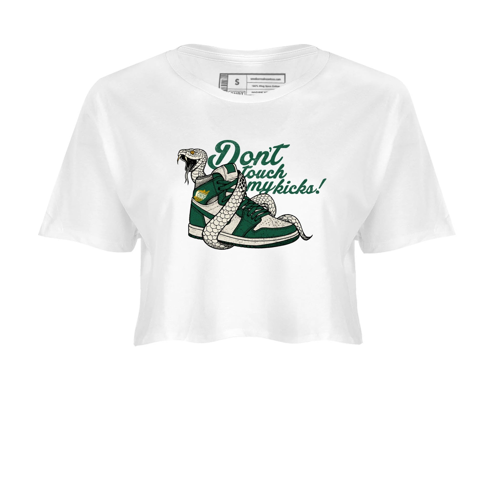 Sneaker Threads – Sneaker Tees To Match Air Jordan 1 Pro Green – Don't Touch My Kicks Crop Tee White 2. Perfect for Jordan releases 2025 colorways.
