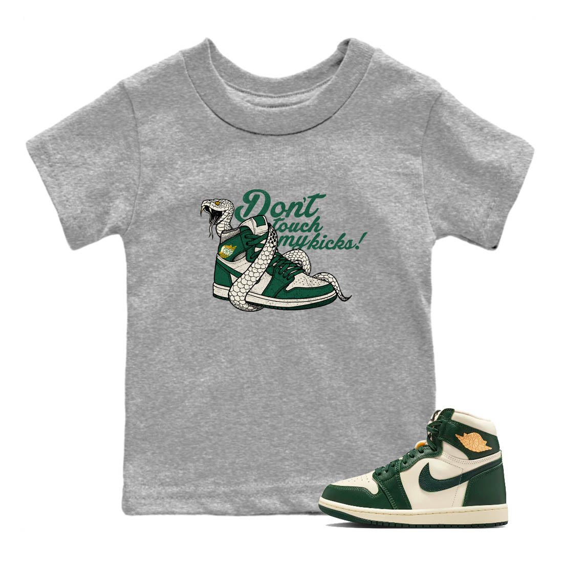 Sneaker Threads – Sneaker Tees To Match Air Jordan 1 Pro Green – Don't Touch My Kicks Youth Graphic Tee Heather Grey 1. Perfect for Jordan releases 2025 colorways.