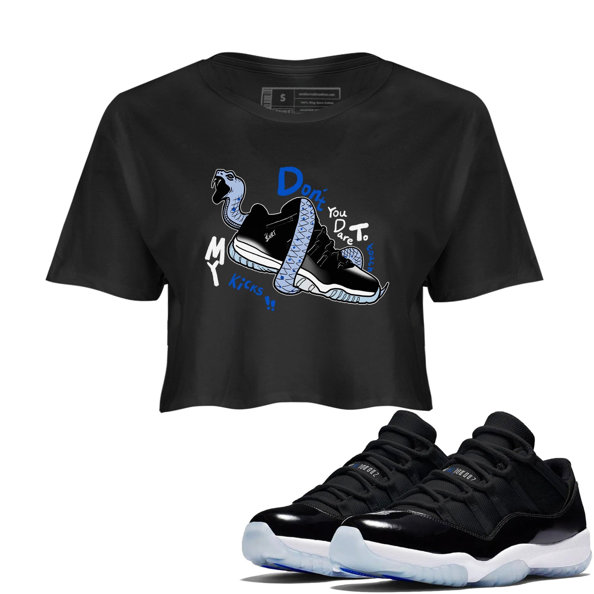 AJ11 Black and Varsity Royal shirt to match jordans Don't Touch My Kicks sneaker tees Air Jordan 11 Black/Varsity Royal SNRT Sneaker Release Tees Black 1 crop length shirt
