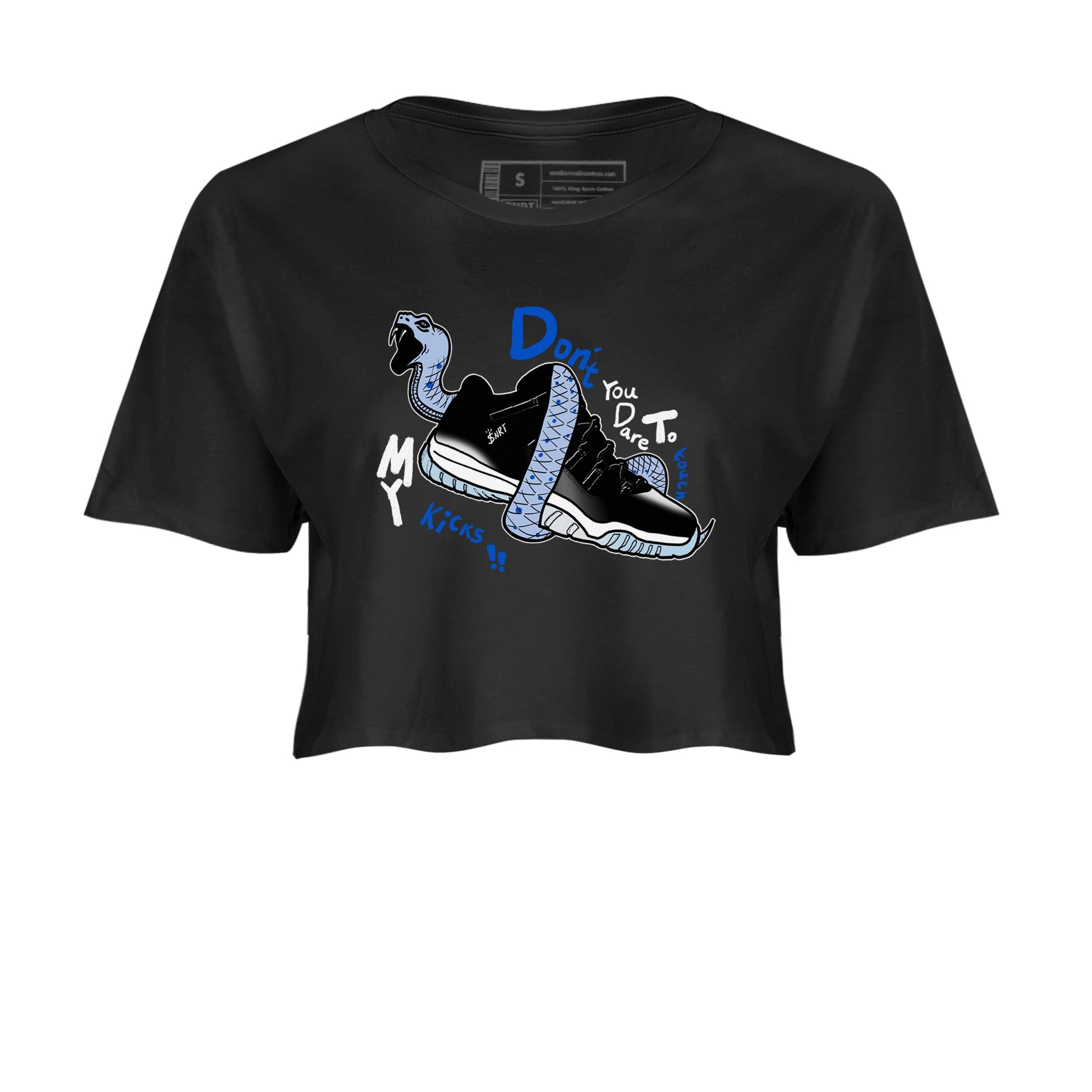 AJ11 Black and Varsity Royal shirt to match jordans Don't Touch My Kicks sneaker tees Air Jordan 11 Black/Varsity Royal SNRT Sneaker Release Tees Black 2 crop length shirt