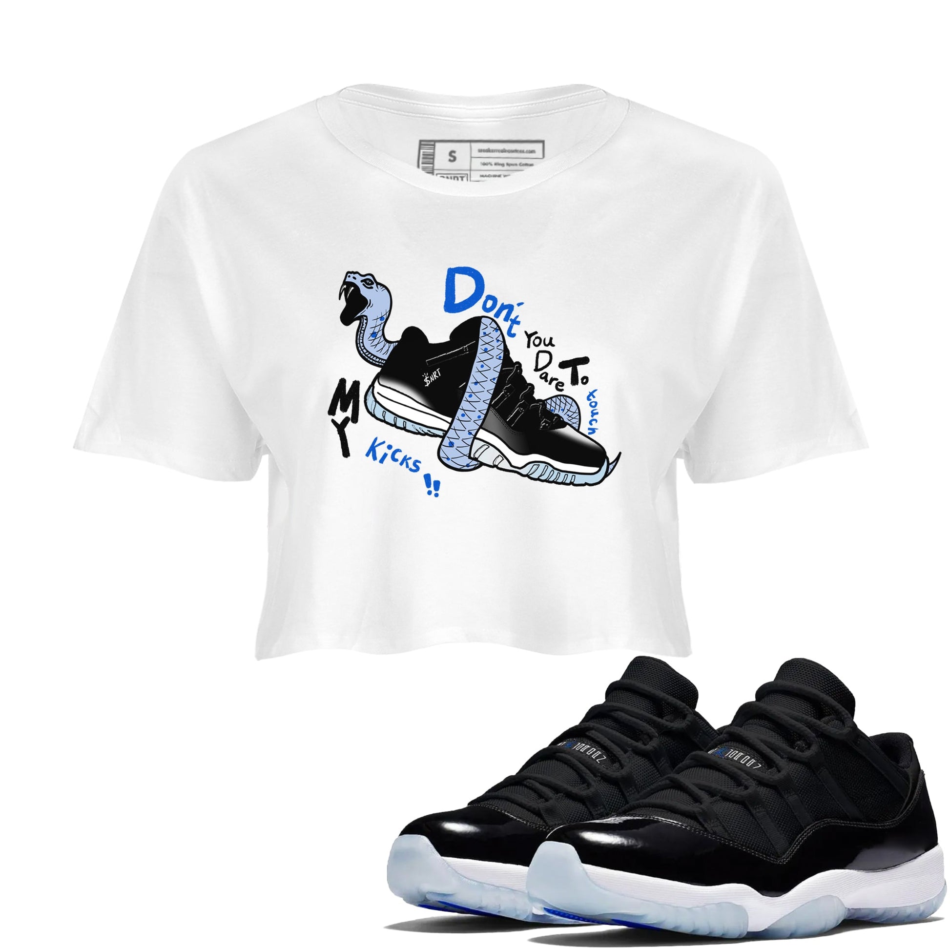 AJ11 Black and Varsity Royal shirt to match jordans Don't Touch My Kicks sneaker tees Air Jordan 11 Black/Varsity Royal SNRT Sneaker Release Tees White 1 crop length shirt