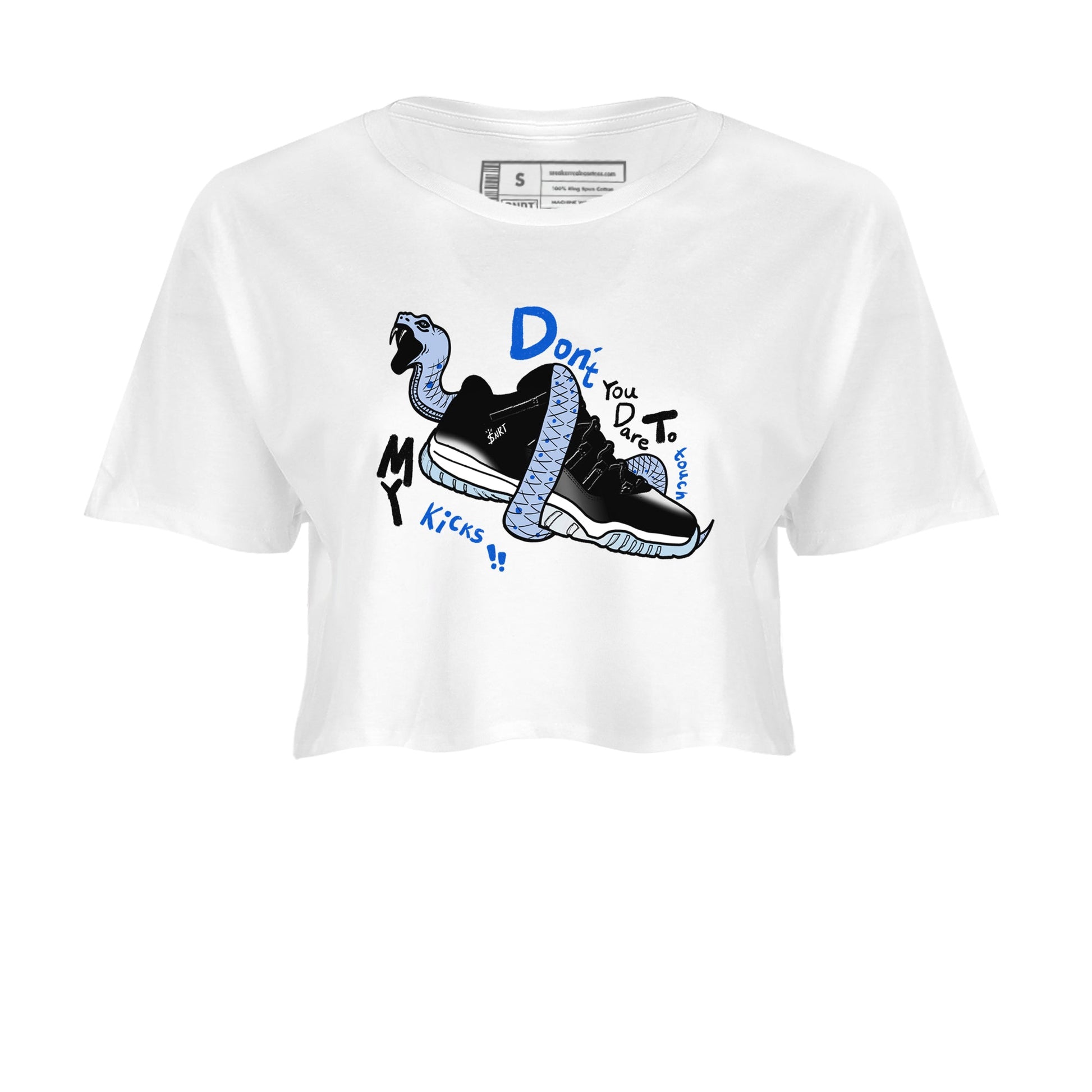 AJ11 Black and Varsity Royal shirt to match jordans Don't Touch My Kicks sneaker tees Air Jordan 11 Black/Varsity Royal SNRT Sneaker Release Tees White 2 crop length shirt