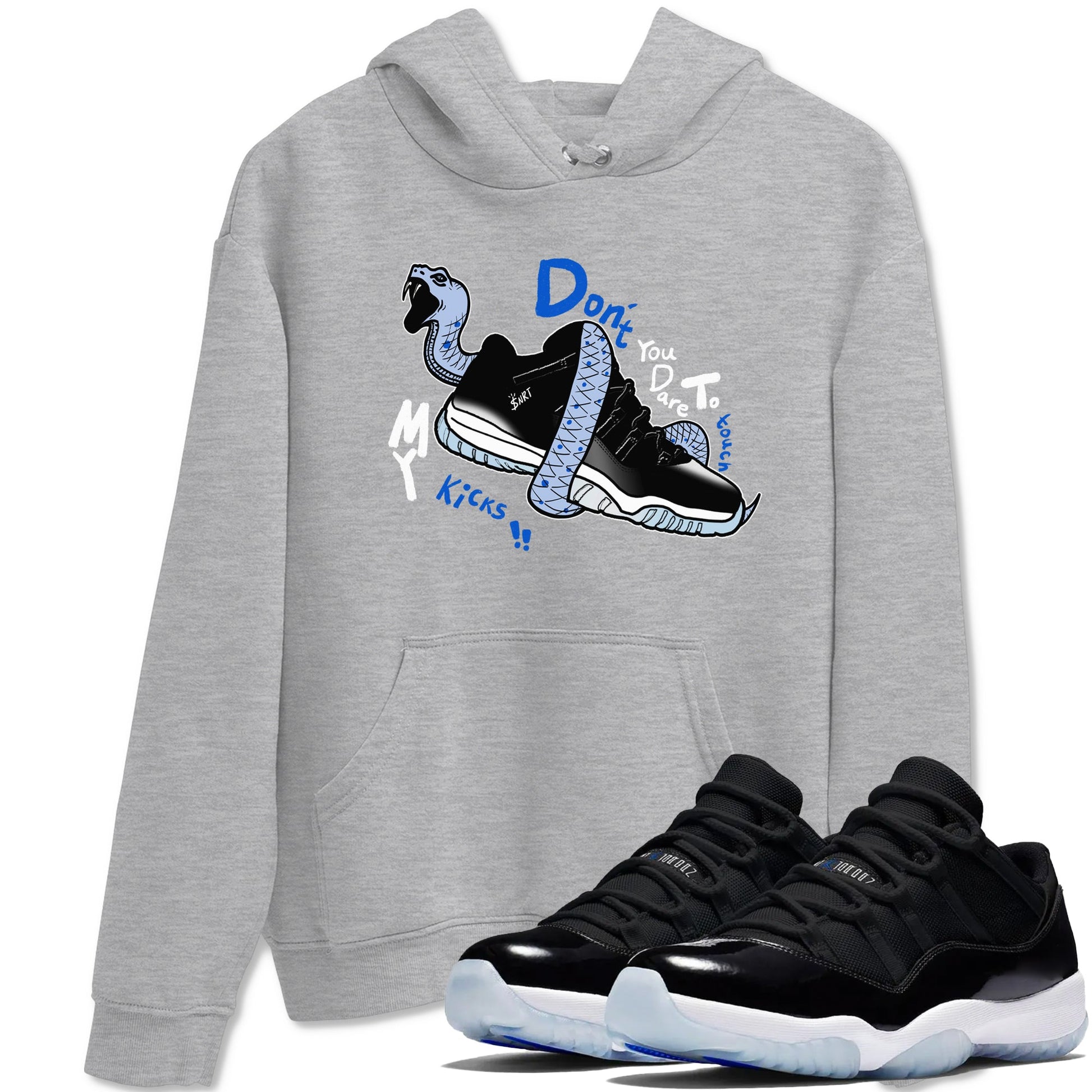 AJ11 Black and Varsity Royal shirt to match jordans Don't Touch My Kicks sneaker tees Air Jordan 11 Black/Varsity Royal SNRT Sneaker Release Tees unisex cotton Heather Grey 1 crew neck shirt
