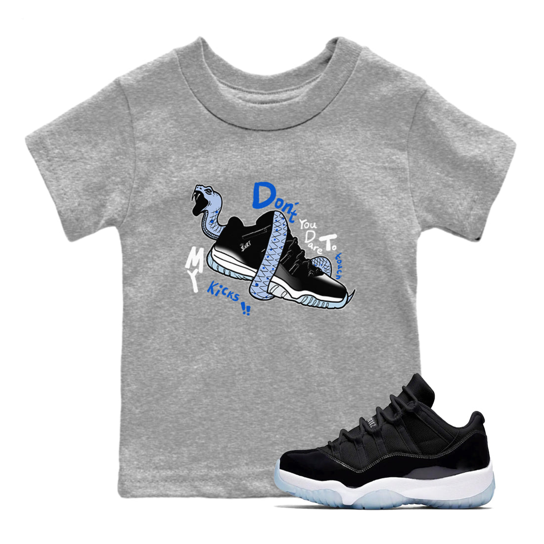 AJ11 Black and Varsity Royal shirt to match jordans Don't Touch My Kicks sneaker tees Air Jordan 11 Black/Varsity Royal SNRT sneaker release tees baby toddler Heather Grey 1 cotton Shirt