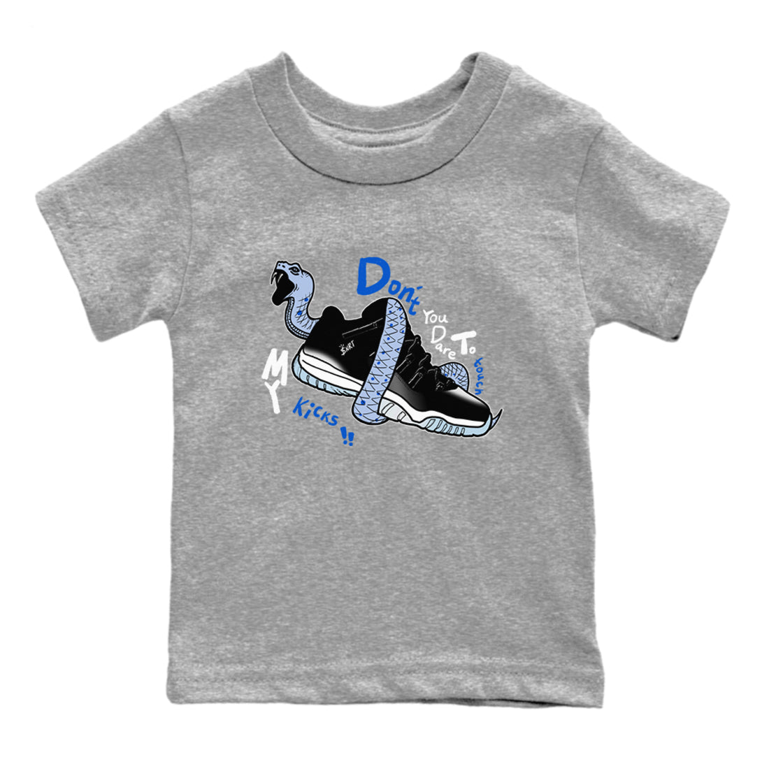 AJ11 Black and Varsity Royal shirt to match jordans Don't Touch My Kicks sneaker tees Air Jordan 11 Black/Varsity Royal SNRT sneaker release tees baby toddler Heather Grey 2 cotton Shirt