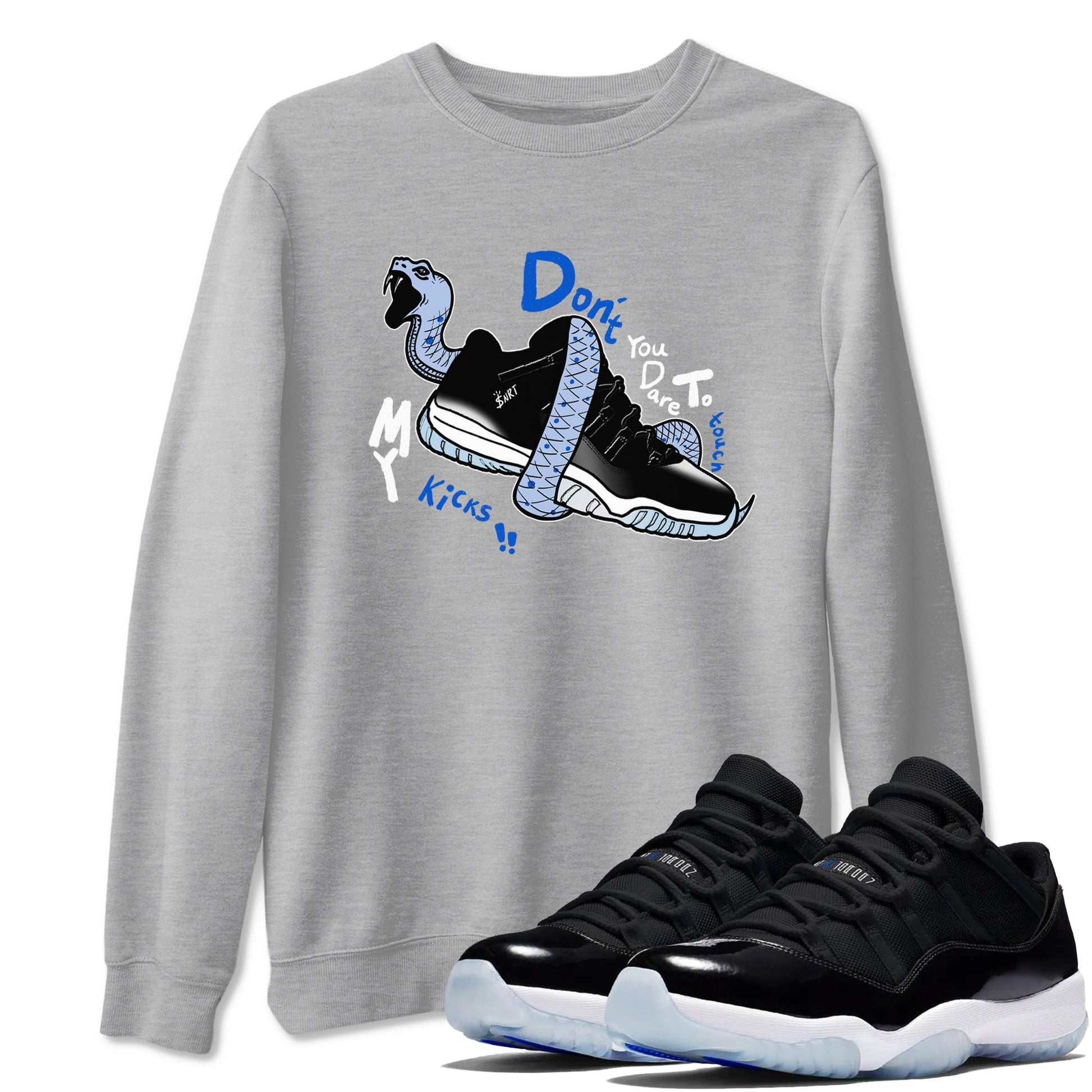 AJ11 Black and Varsity Royal shirt to match jordans Don't Touch My Kicks sneaker tees Air Jordan 11 Black/Varsity Royal SNRT Sneaker Release Tees unisex cotton Heather Grey 1 crew neck shirt