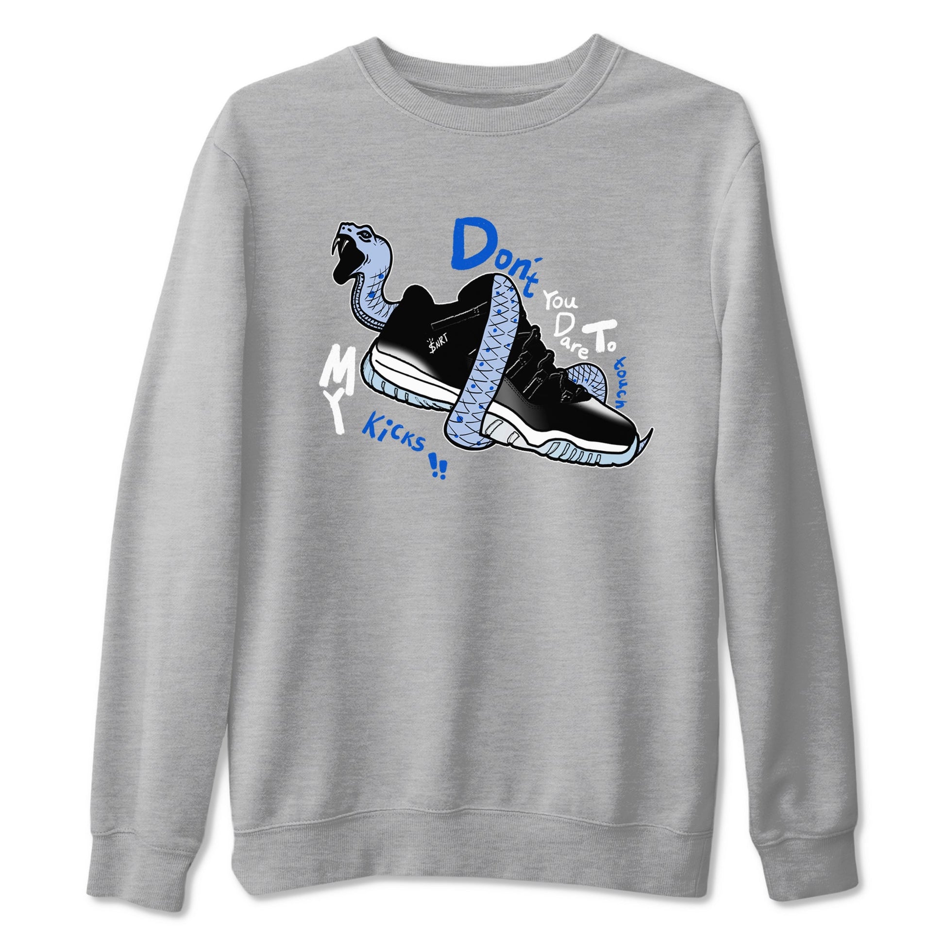 AJ11 Black and Varsity Royal shirt to match jordans Don't Touch My Kicks sneaker tees Air Jordan 11 Black/Varsity Royal SNRT Sneaker Release Tees unisex cotton Heather Grey 2 crew neck shirt