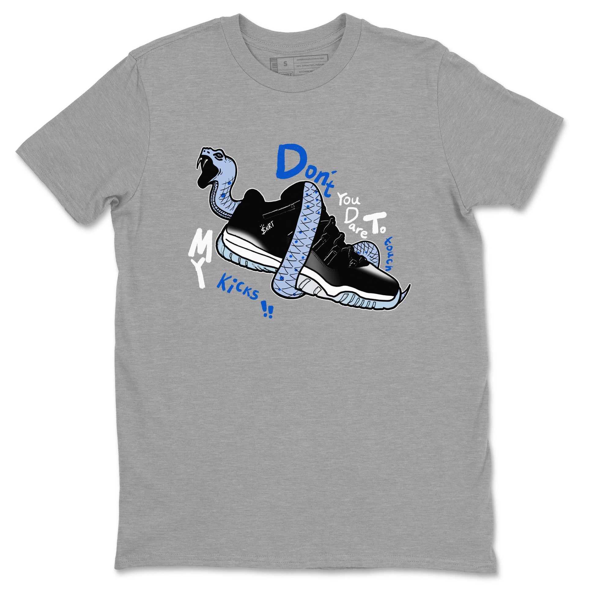 AJ11 Black and Varsity Royal shirt to match jordans Don't Touch My Kicks sneaker tees Air Jordan 11 Black/Varsity Royal SNRT Sneaker Release Tees unisex cotton Heather Grey 2 crew neck shirt