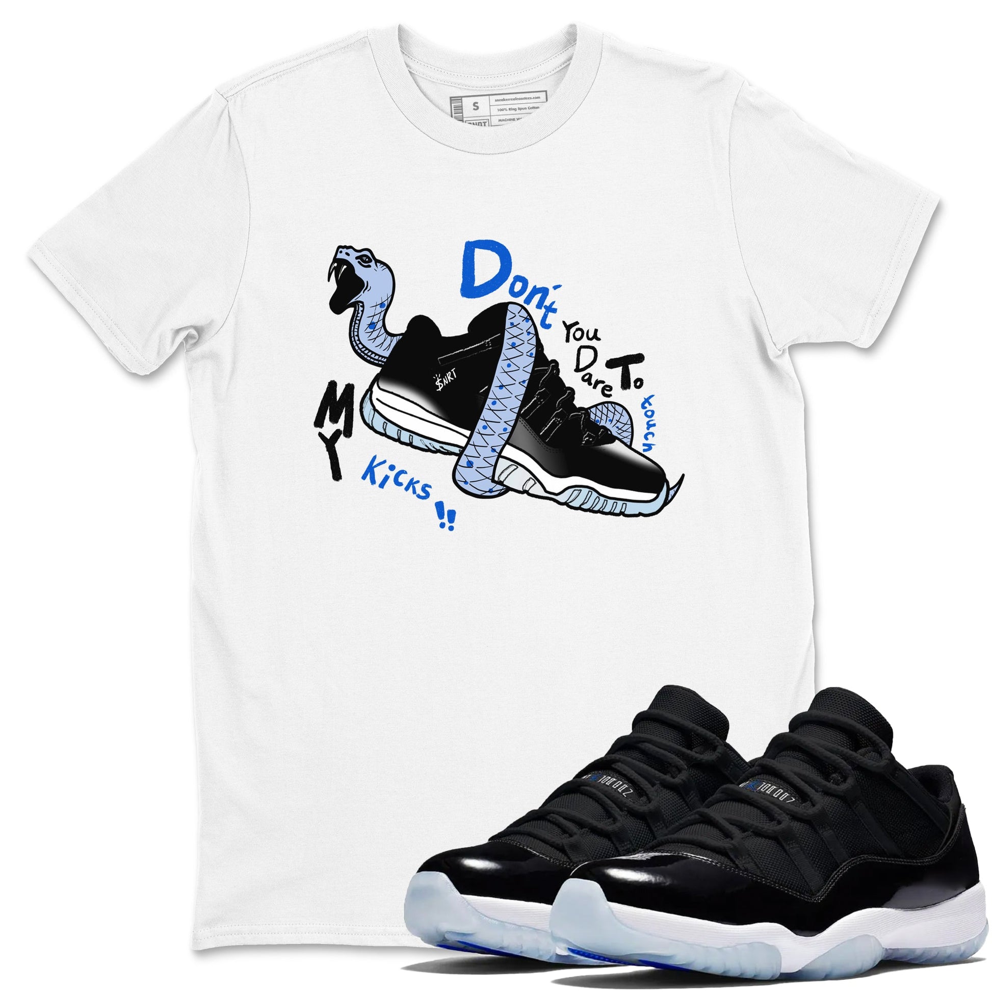AJ11 Black and Varsity Royal shirt to match jordans Don't Touch My Kicks sneaker tees Air Jordan 11 Black/Varsity Royal SNRT Sneaker Release Tees unisex cotton White 1 crew neck shirt