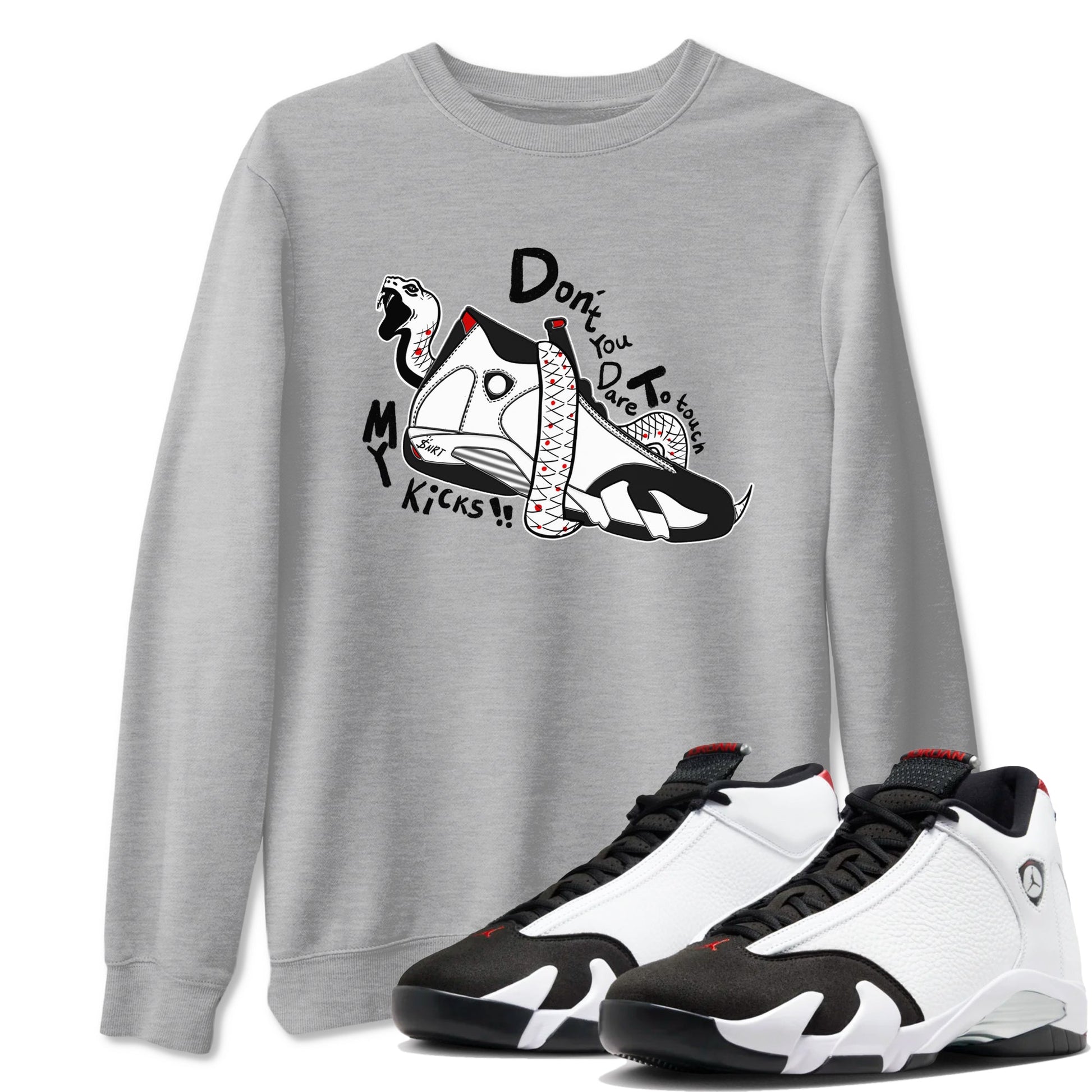 Air Jordan 14 Black Toe t shirts to match sneakers Don't Touch My Kicks sneaker match tees 14s Black Toe sneaker match tee SNRT Sneaker Tees unisex cotton Heather Grey 1 shirts