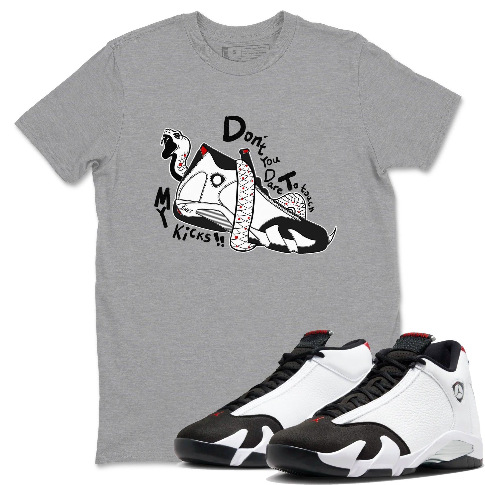 Air Jordan 14 Black Toe t shirts to match sneakers Don't Touch My Kicks sneaker match tees 14s Black Toe sneaker match tee SNRT Sneaker Tees unisex cotton Heather Grey 1 shirts