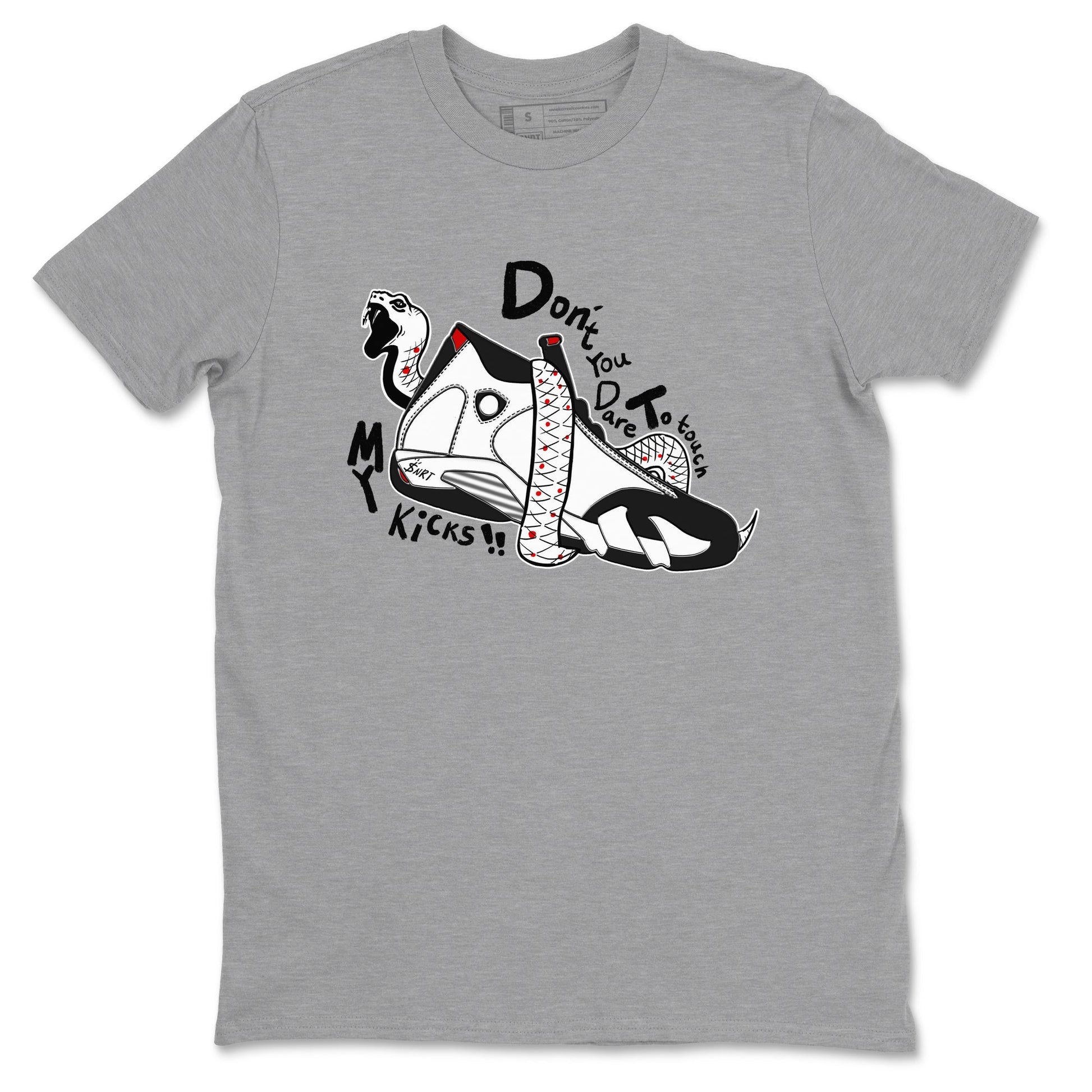 Air Jordan 14 Black Toe t shirts to match sneakers Don't Touch My Kicks sneaker match tees 14s Black Toe sneaker match tee SNRT Sneaker Tees unisex cotton Heather Grey 2 shirts