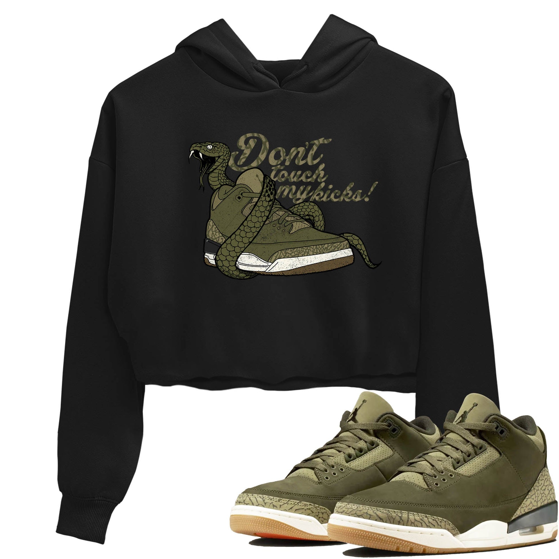 Sneaker Threads – Sneaker Tees To Match Air Jordan 3 Medium Olive – Don't Touch My Kicks Crop Tee Black 1. Perfect for Jordan releases 2025 colorways.