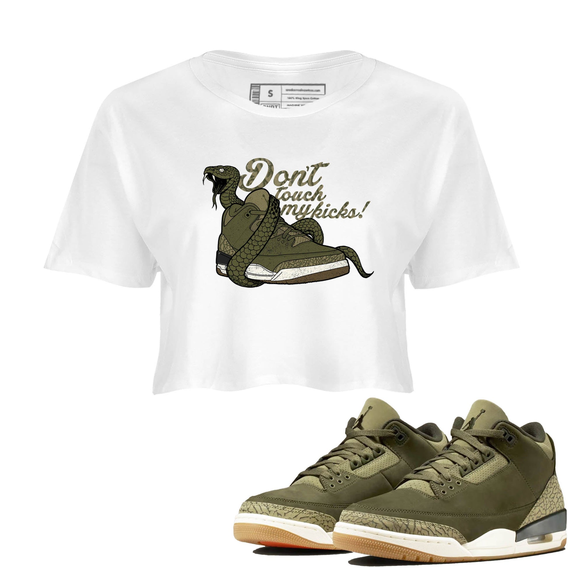 Sneaker Threads – Sneaker Tees To Match Air Jordan 3 Medium Olive – Don't Touch My Kicks Crop Tee White 1. Perfect for Jordan releases 2025 colorways.