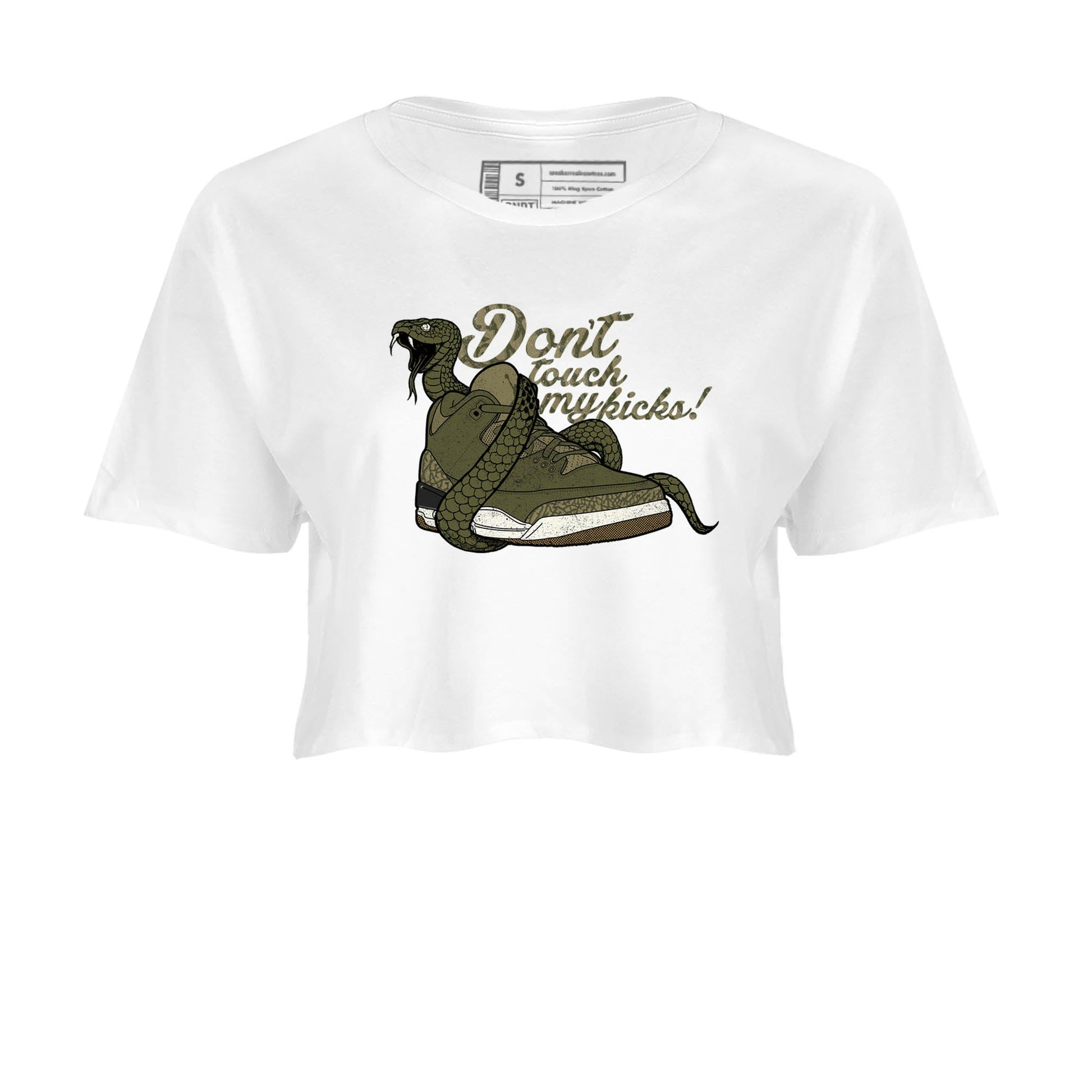 Sneaker Threads – Sneaker Tees To Match Air Jordan 3 Medium Olive – Don't Touch My Kicks Crop Tee White 2. Perfect for Jordan releases 2025 colorways.