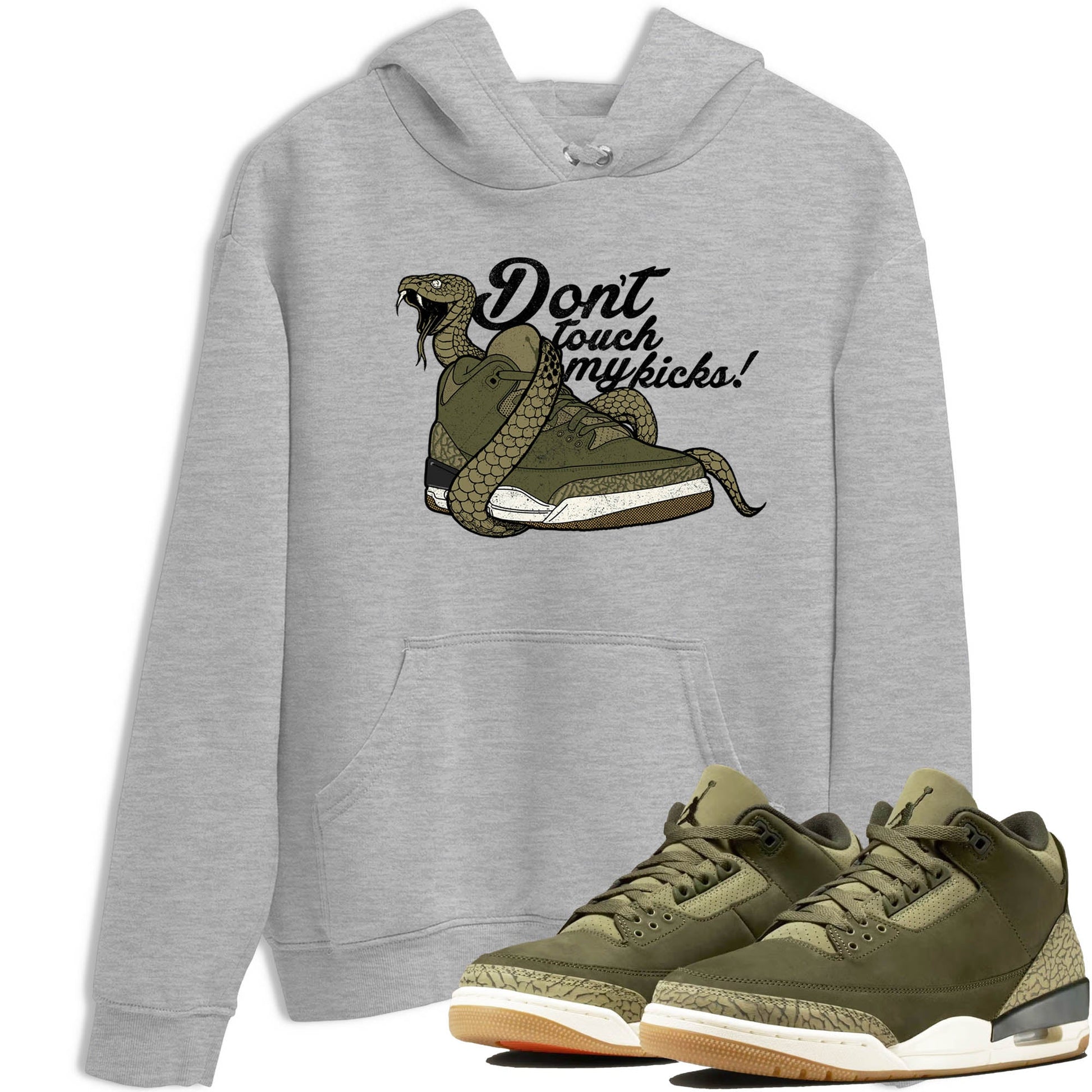 Sneaker Threads – Sneaker Tees To Match Air Jordan 3 Medium Olive – Don't Touch My Kicks Graphic Tee Heather Grey 1. Perfect for Jordan releases 2025 colorways.